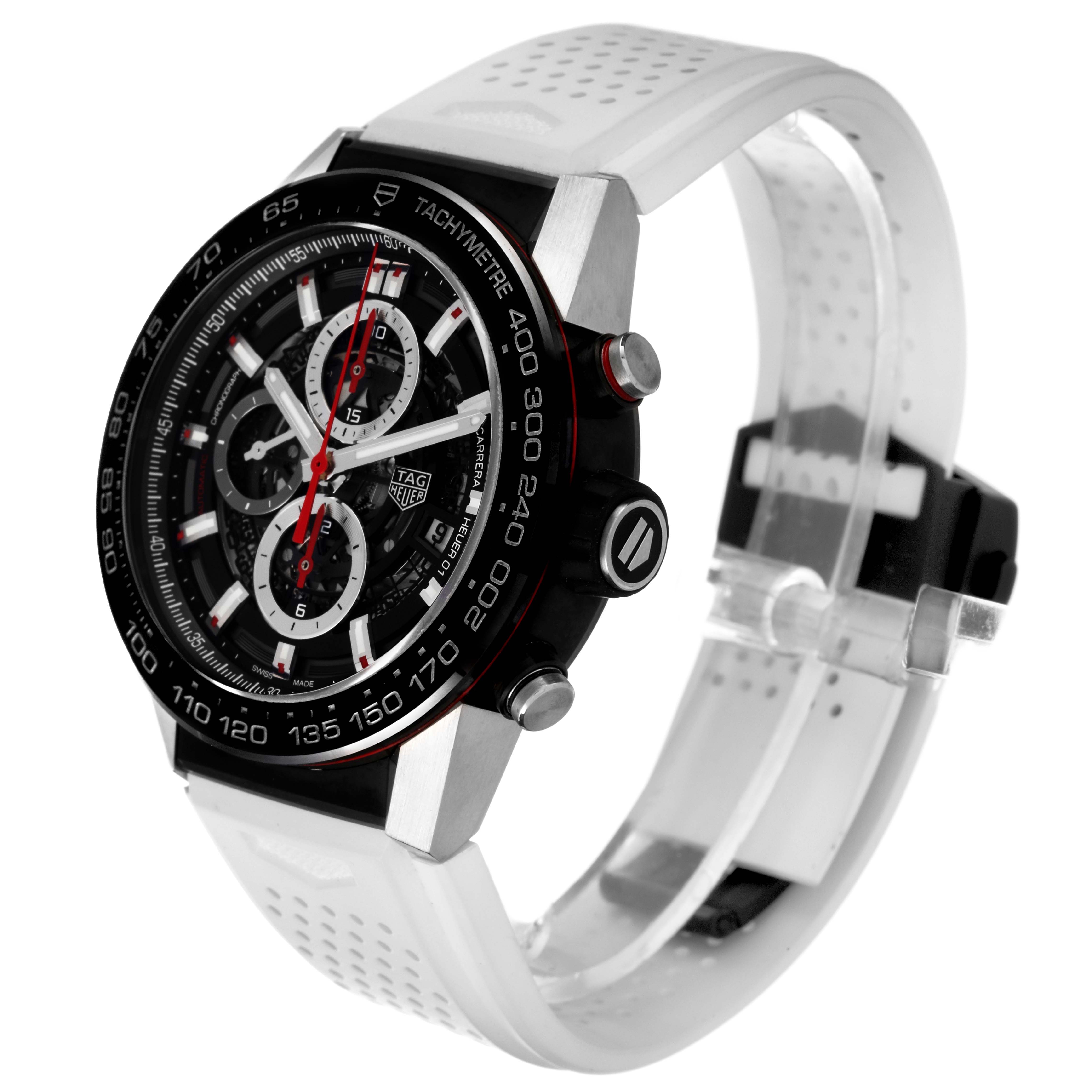 The Tag Heuer Carrera CAR2A1Z.FT6044 Men
s Stainless Steel Black Dial CAR2A1Z.FT6044 Men
s Stainless Steel Black Dial watch is shown at a slight angle, highlighting its black dial, chronograph sub-dials, tachymeter bezel, and white strap.