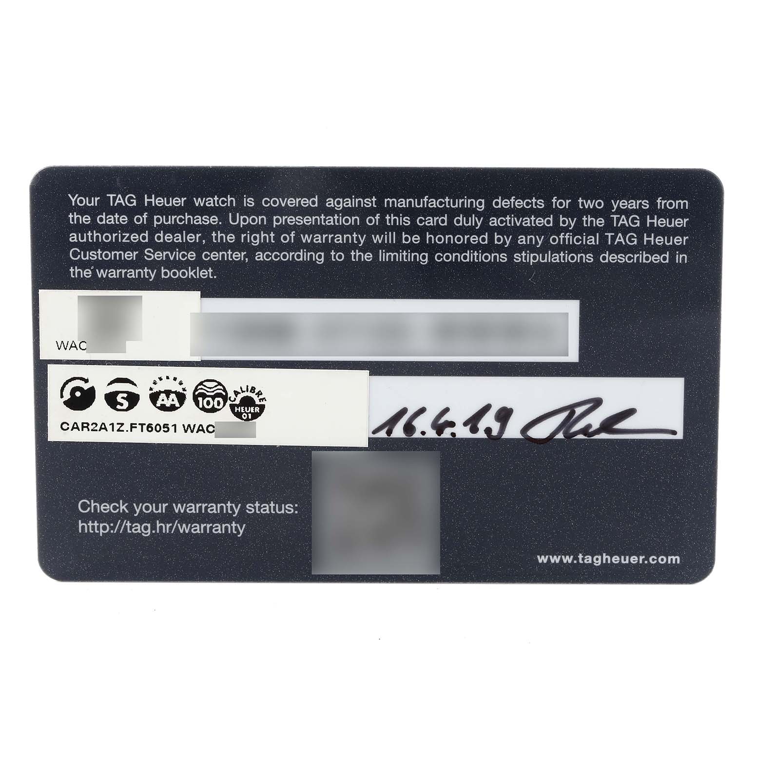This image shows the warranty card for the Tag Heuer Carrera CAR2A1Z.FT6044 Men
s Stainless Steel Black Dial CAR2A1Z.FT6044 Men
s Stainless Steel Black Dial model.