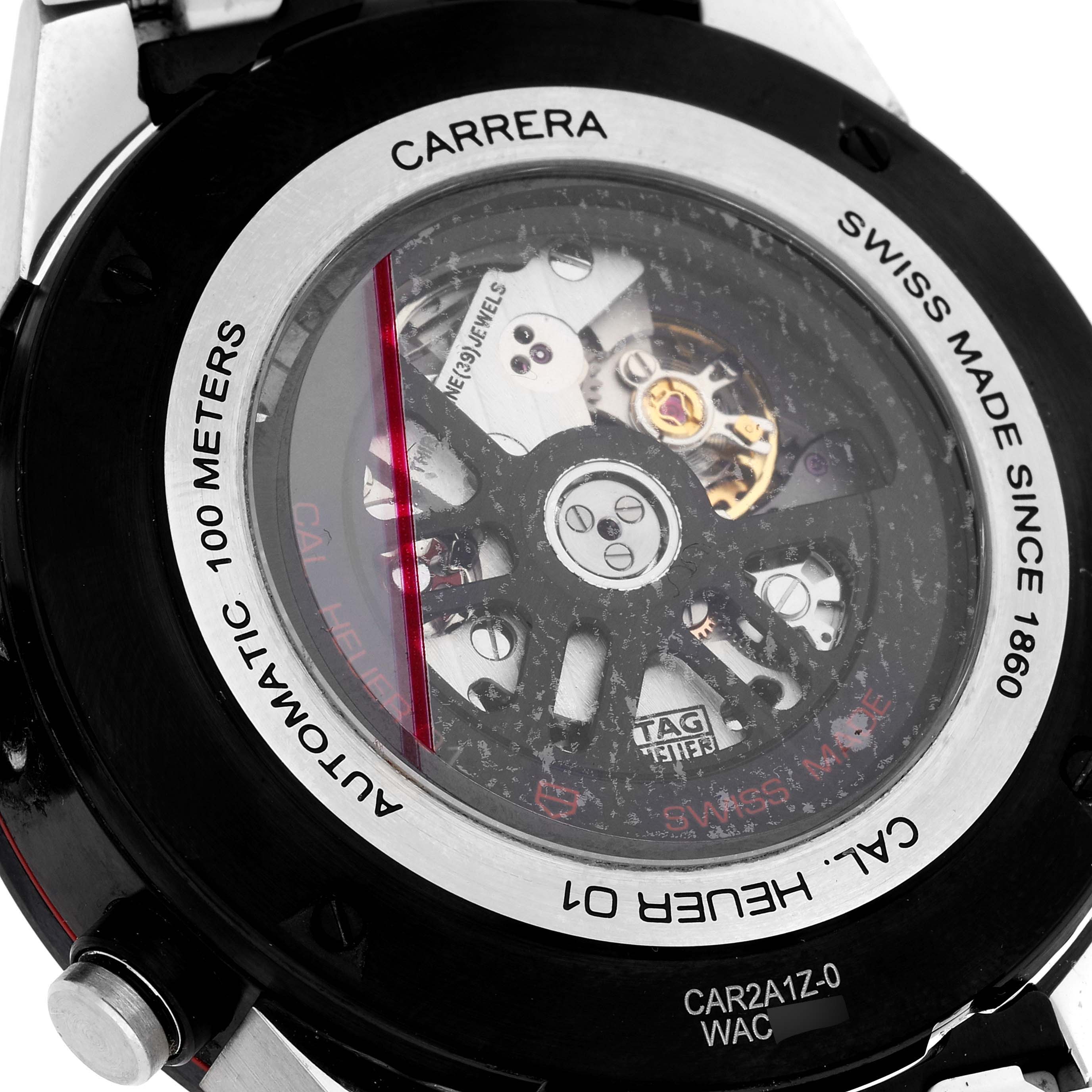 The image shows the back view of the Tag Heuer Carrera CAR2A1Z.FT6044 Men
s Stainless Steel Black Dial CAR2A1Z.FT6044 Men
s Stainless Steel Black Dial watch, revealing its automatic movement and internal mechanisms.