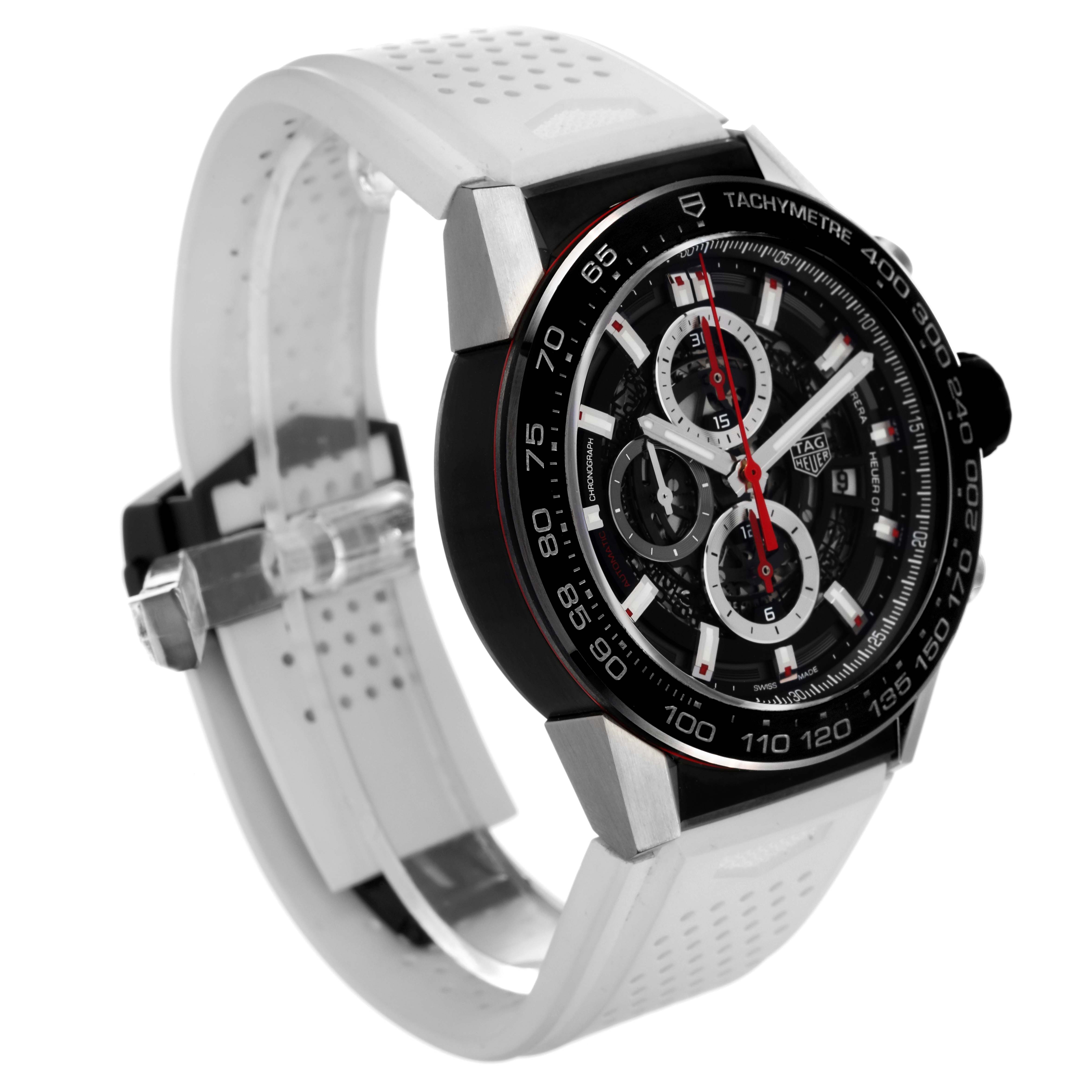 The image shows a Tag Heuer Carrera CAR2A1Z.FT6044 Men
s Stainless Steel Black Dial CAR2A1Z.FT6044 Men
s Stainless Steel Black Dial watch angled to display the face, bezel, and strap.