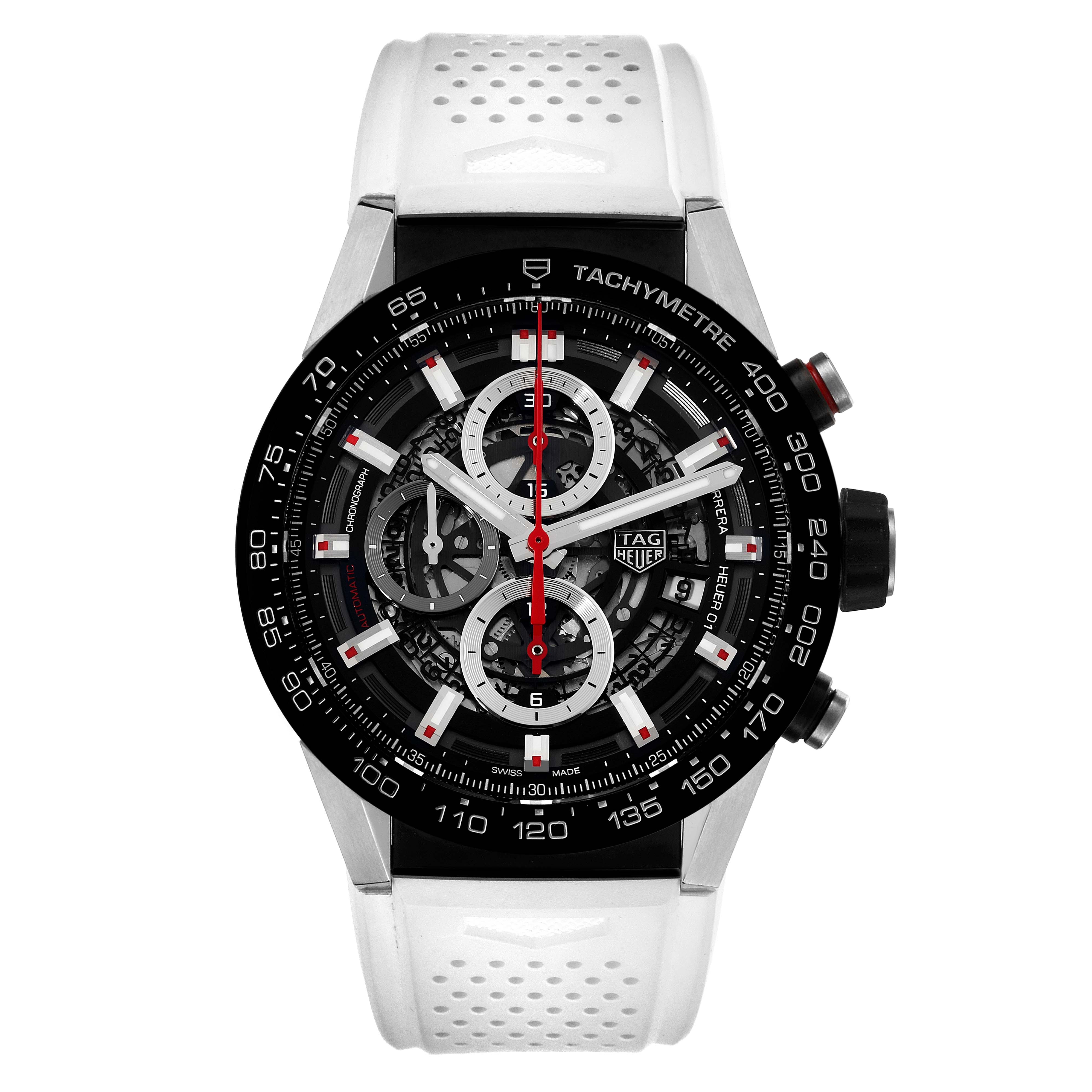 This is a front view of a Tag Heuer Carrera CAR2A1Z.FT6044 Men
s Stainless Steel Black Dial CAR2A1Z.FT6044 Men
s Stainless Steel Black Dial watch with a black dial, white strap, and tachymeter bezel.