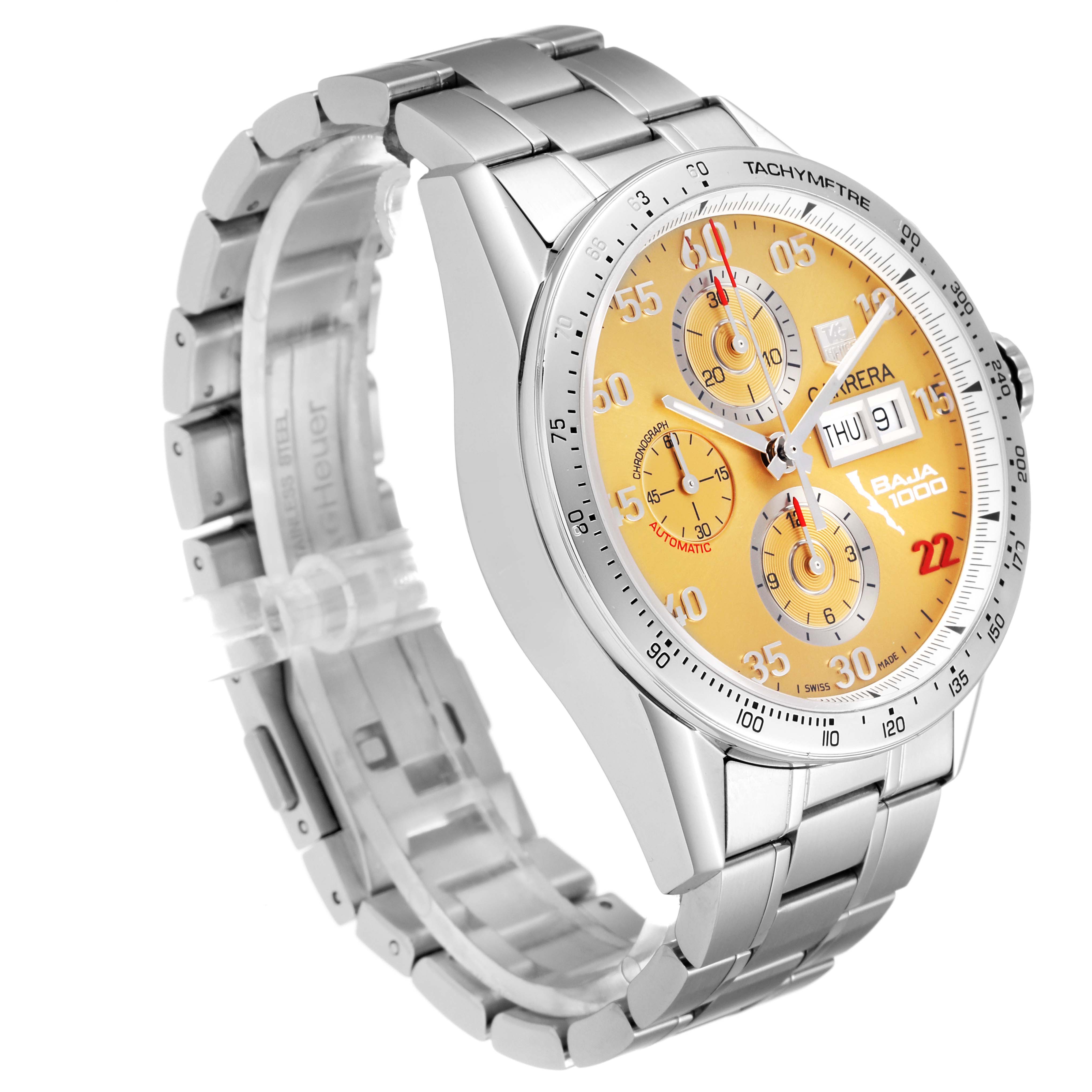 The image shows a Tag Heuer Carrera CV2A1H Men's Stainless Steel Champagne Dial CV2A1H Men's Stainless Steel Champagne Dial watch at a front-side angle, highlighting its face, bezel, crown, and metal bracelet.