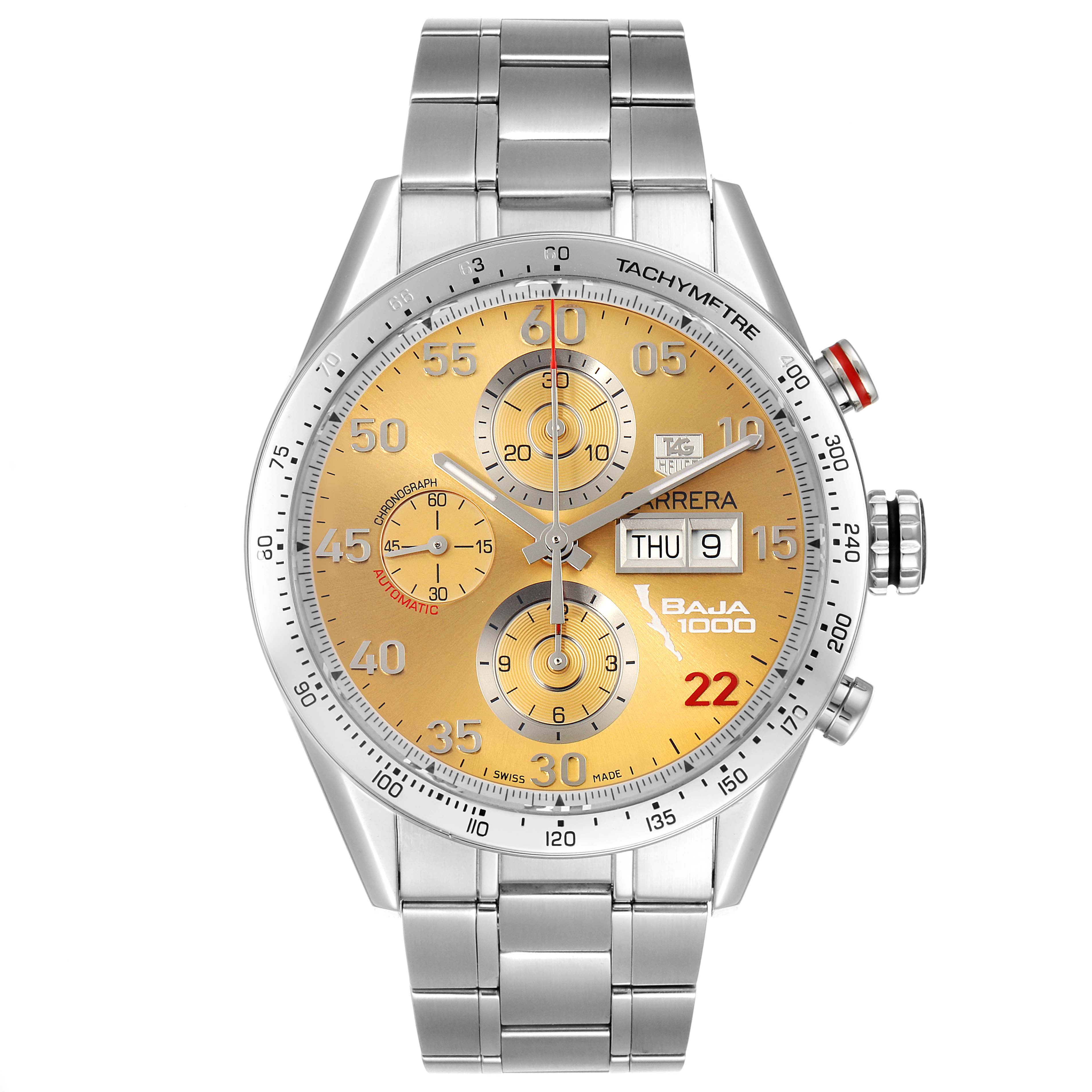 This image shows a front view of a Tag Heuer Carrera CV2A1H Men's Stainless Steel Champagne Dial CV2A1H Men's Stainless Steel Champagne Dial watch, highlighting its dial, bezel, and stainless steel bracelet.