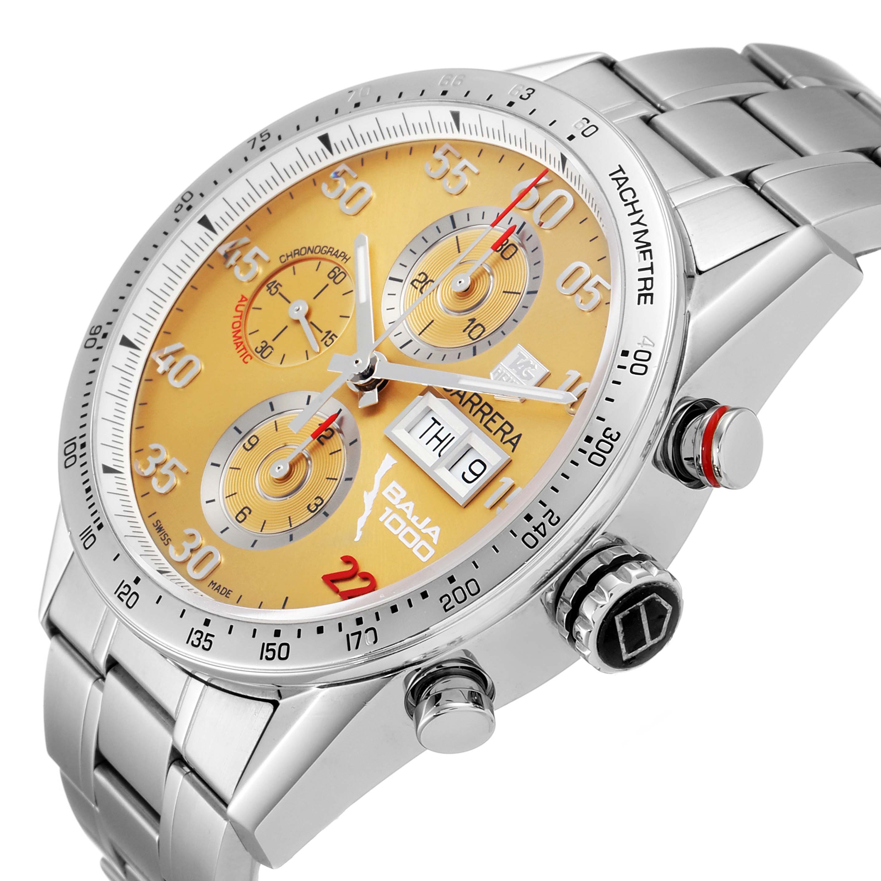 The Tag Heuer Carrera CV2A1H Men's Stainless Steel Champagne Dial CV2A1H Men's Stainless Steel Champagne Dial watch is shown at an angle highlighting the face, crown, and stainless steel bracelet.