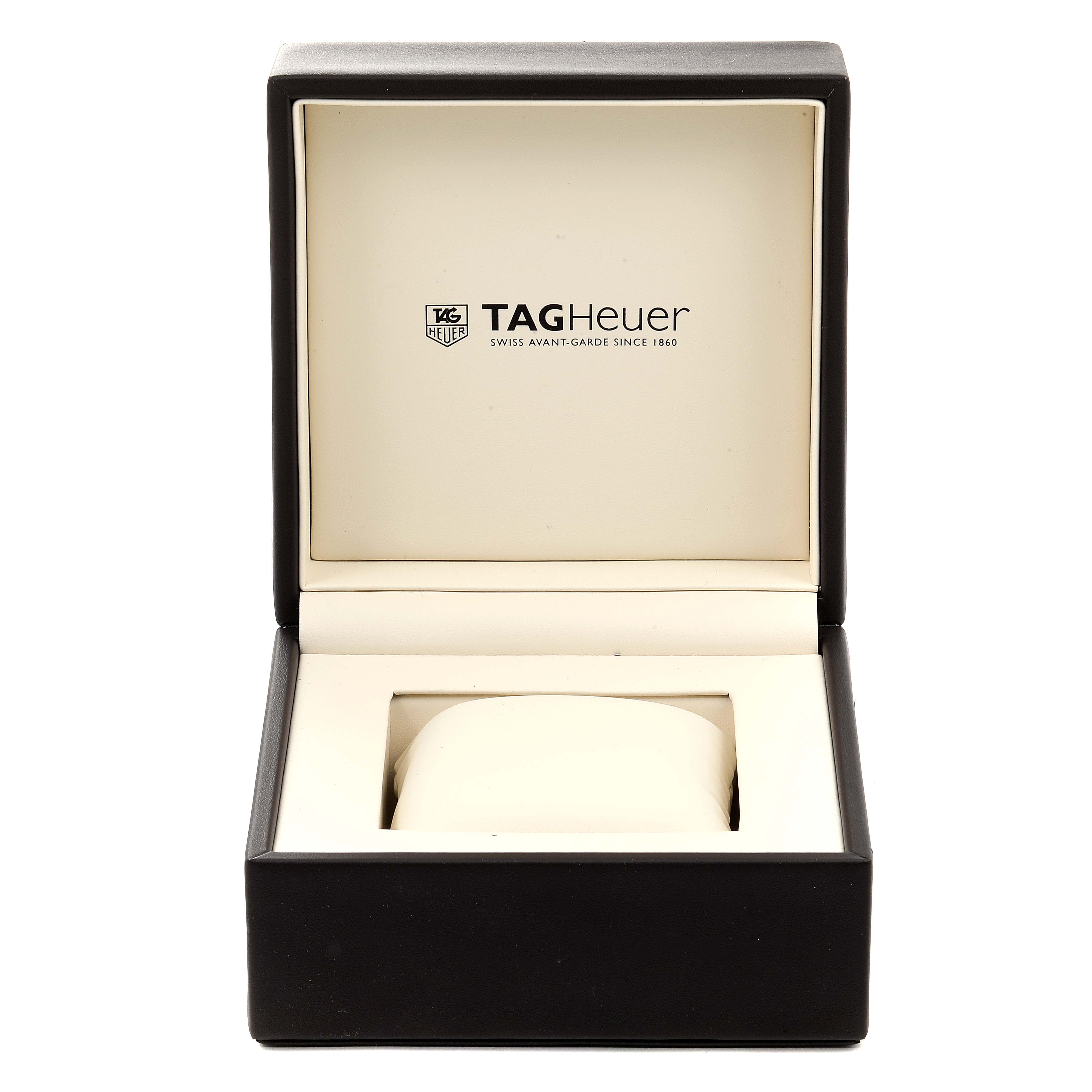 The image shows an open Tag Heuer Carrera CV2A1H Men's Stainless Steel Champagne Dial CV2A1H Men's Stainless Steel Champagne Dial watch box, viewed from the front.