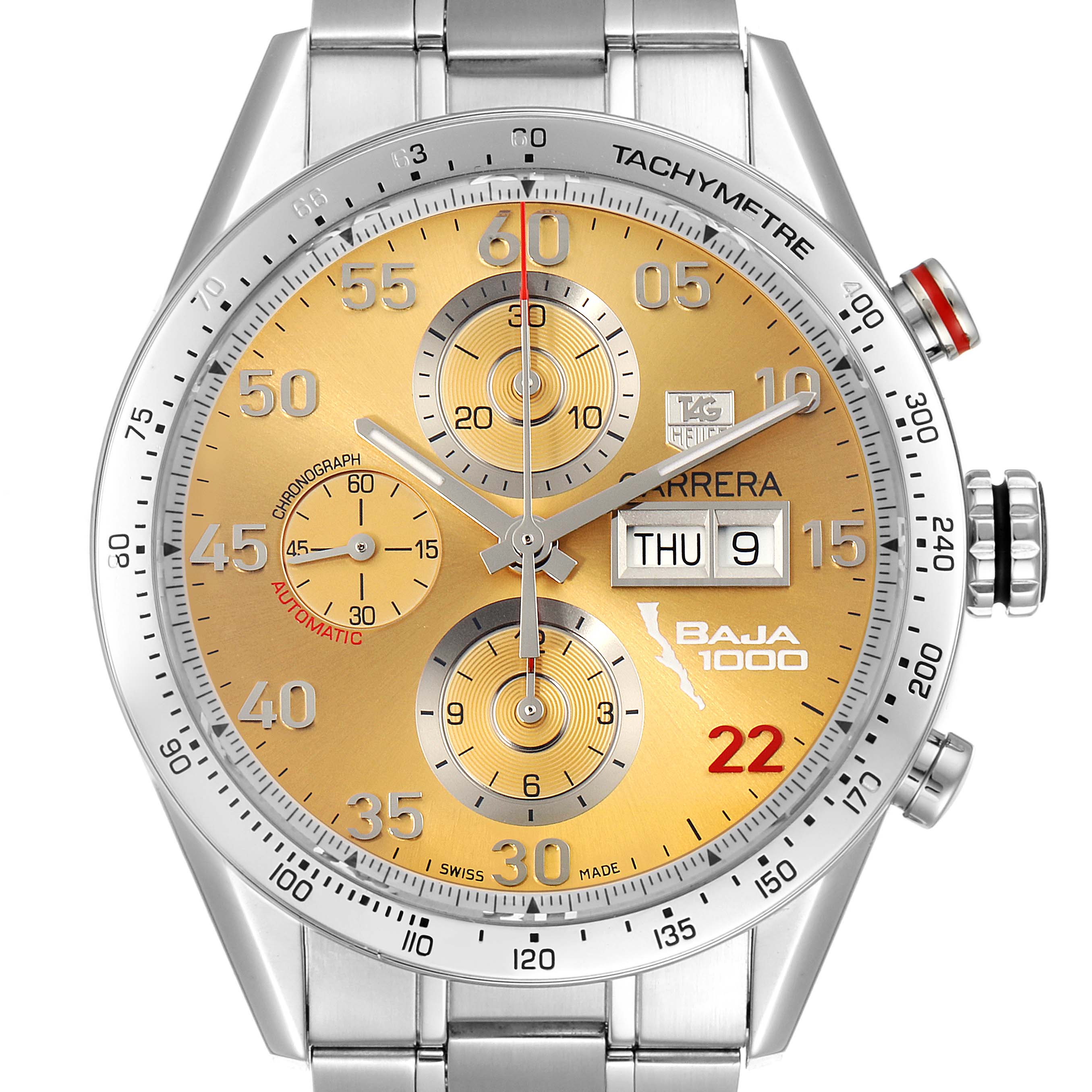 The image shows a front view of a Tag Heuer Carrera CV2A1H Men's Stainless Steel Champagne Dial CV2A1H Men's Stainless Steel Champagne Dial watch with a gold dial, tachymeter bezel, and chronograph subdials.