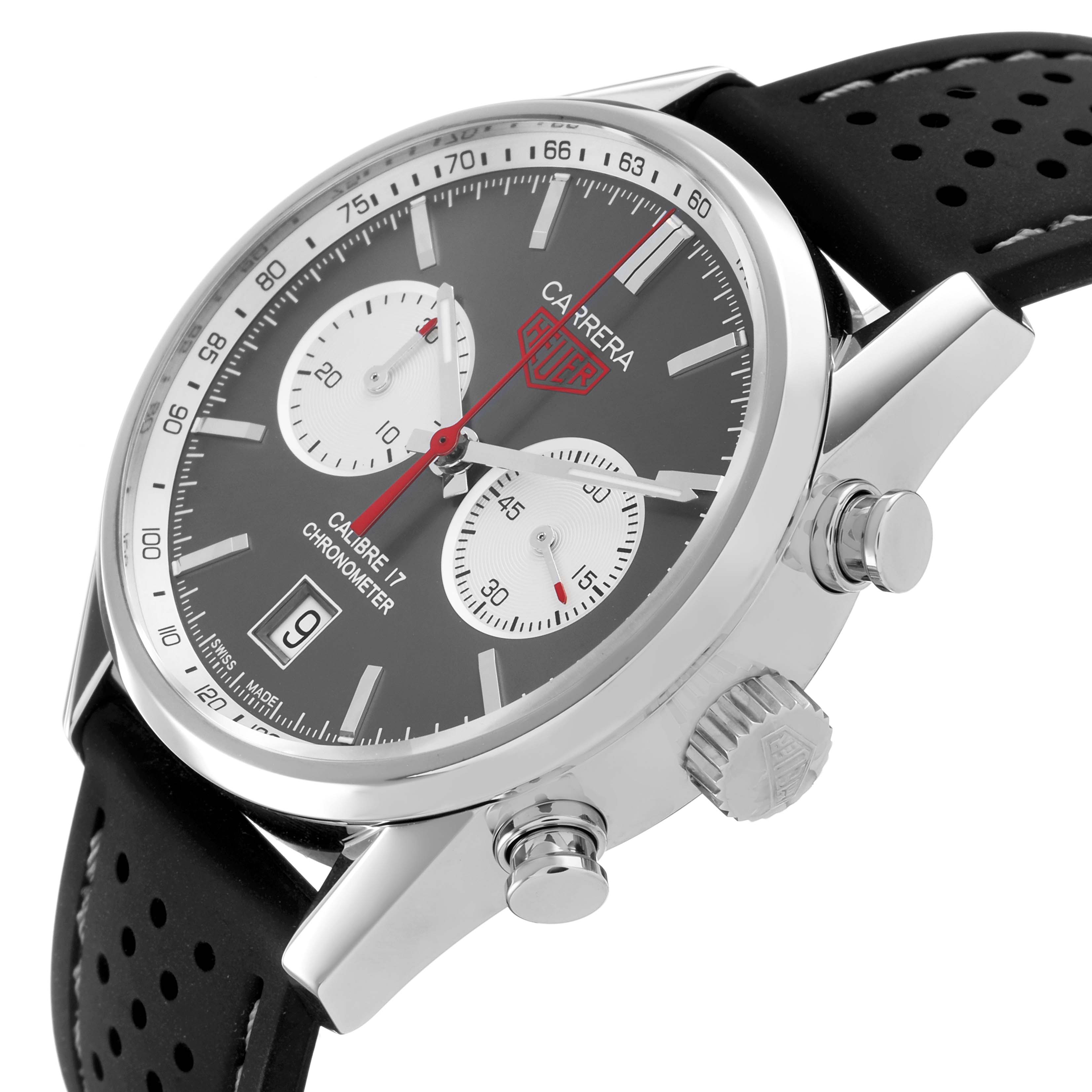 The Tag Heuer Carrera CV5110.FC6310 Men's Stainless Steel Grey Dial watch is shown at a side angle, highlighting the dial, bezel, pushers, crown, and black perforated strap.