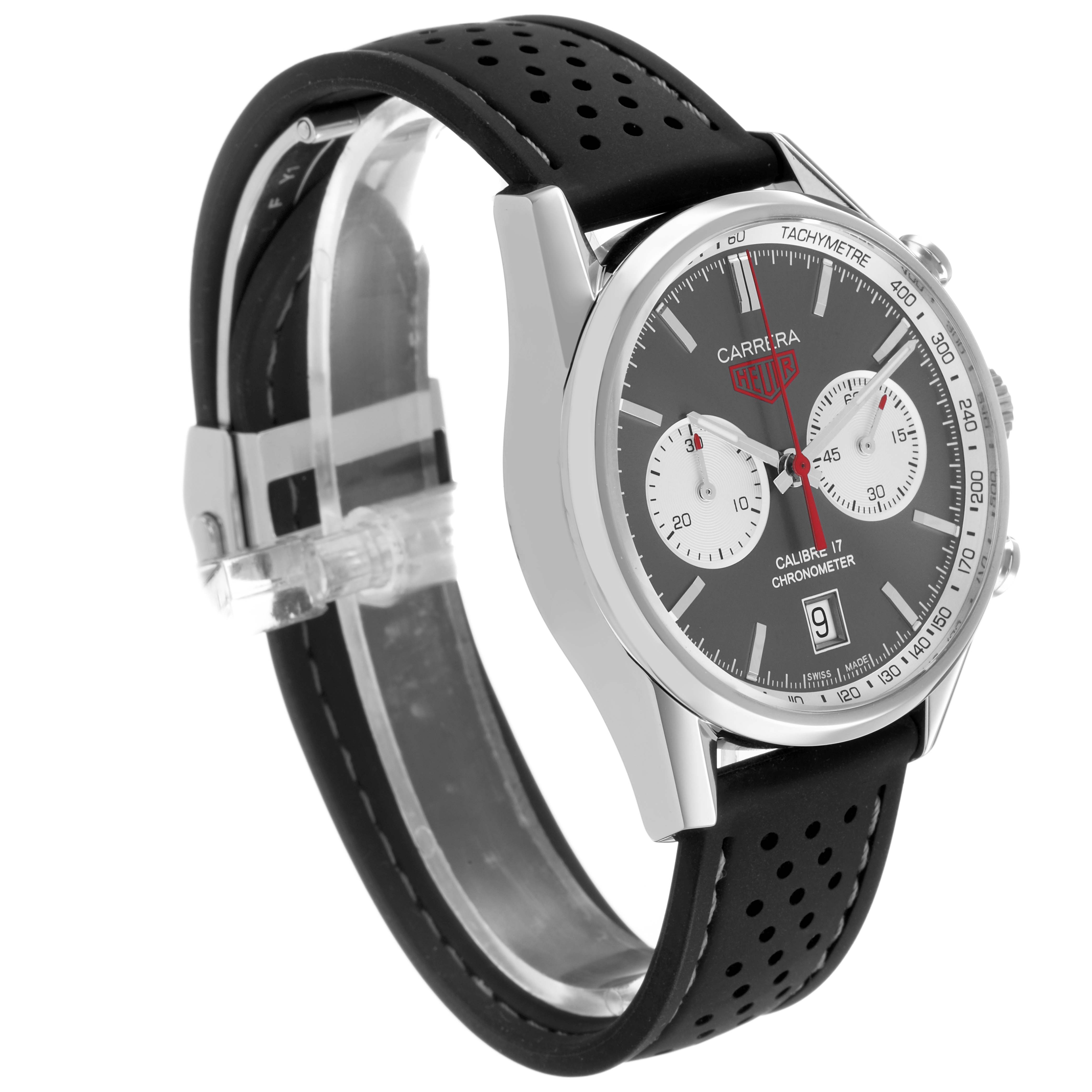 The Tag Heuer Carrera CV5110.FC6310 Men's Stainless Steel Grey Dial watch is shown from a three-quarter angle, displaying the dial, case, perforated strap, and tachymeter bezel.