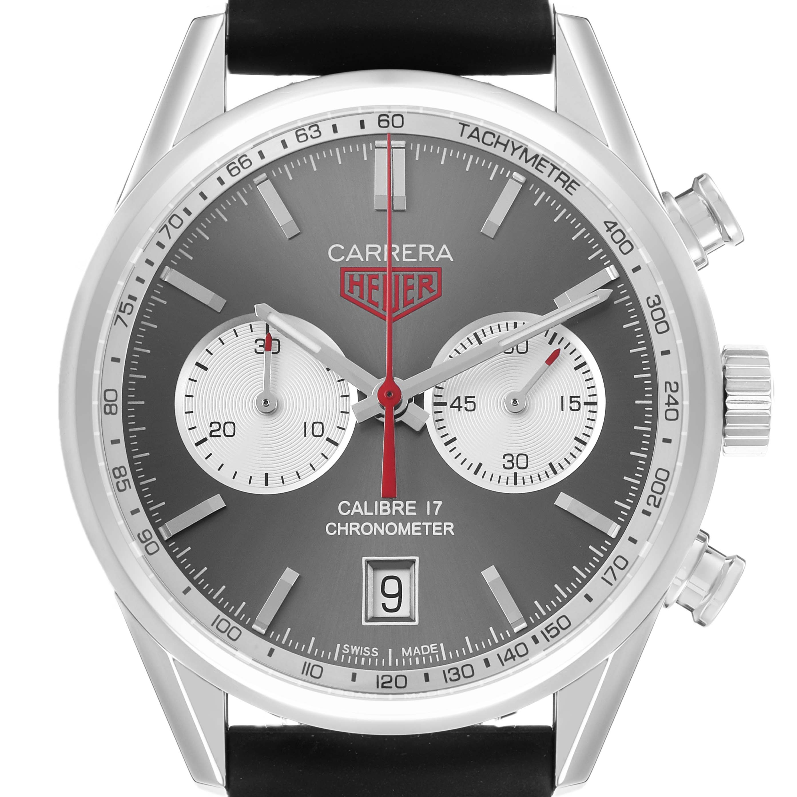The image shows a front view of the Tag Heuer Carrera CV5110.FC6310 Men's Stainless Steel Grey Dial watch, highlighting the dial, subdials, date window, and crown.