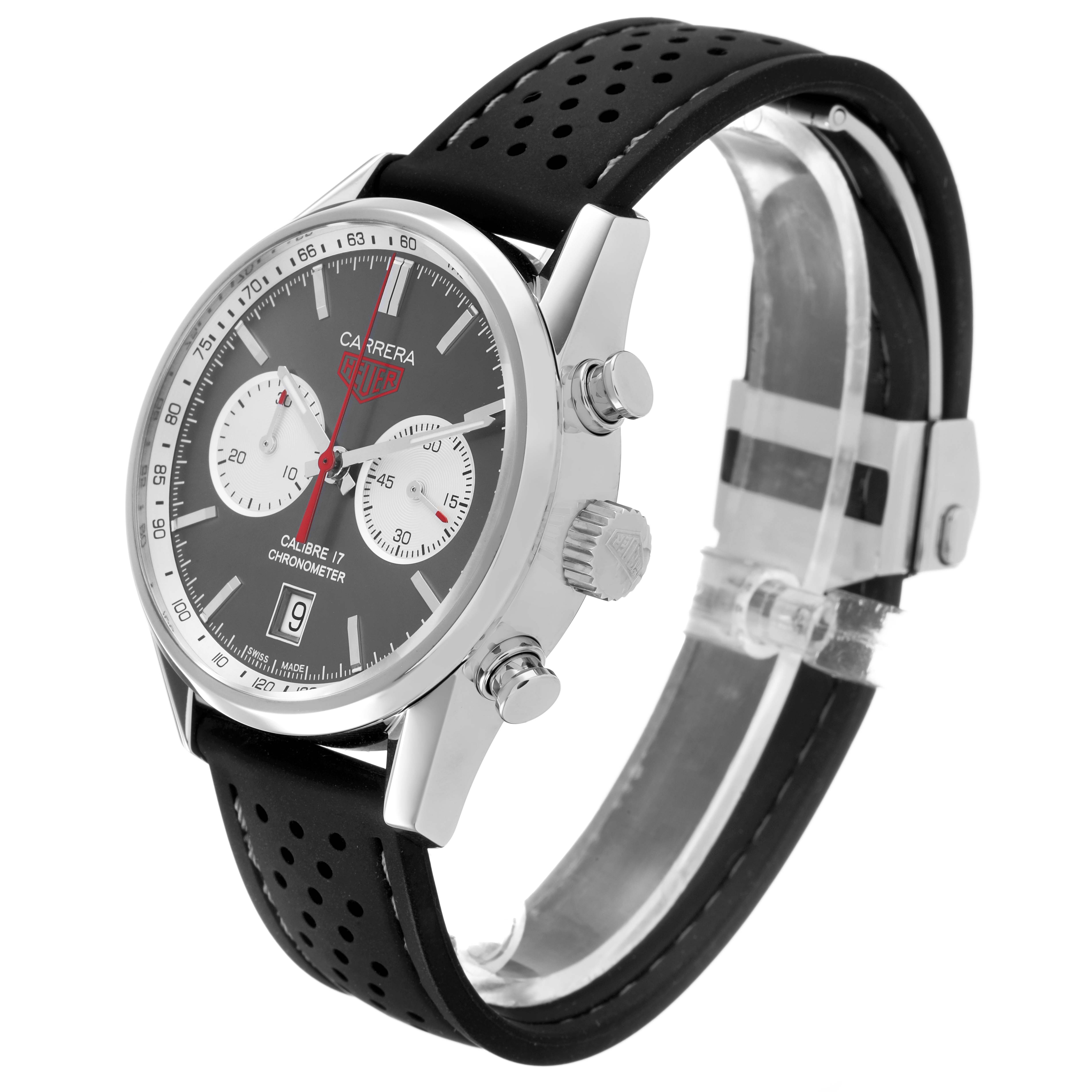 The Tag Heuer Carrera CV5110.FC6310 Men's Stainless Steel Grey Dial watch is shown at a three-quarter angle, displaying the face, crown, pushers, and leather strap.