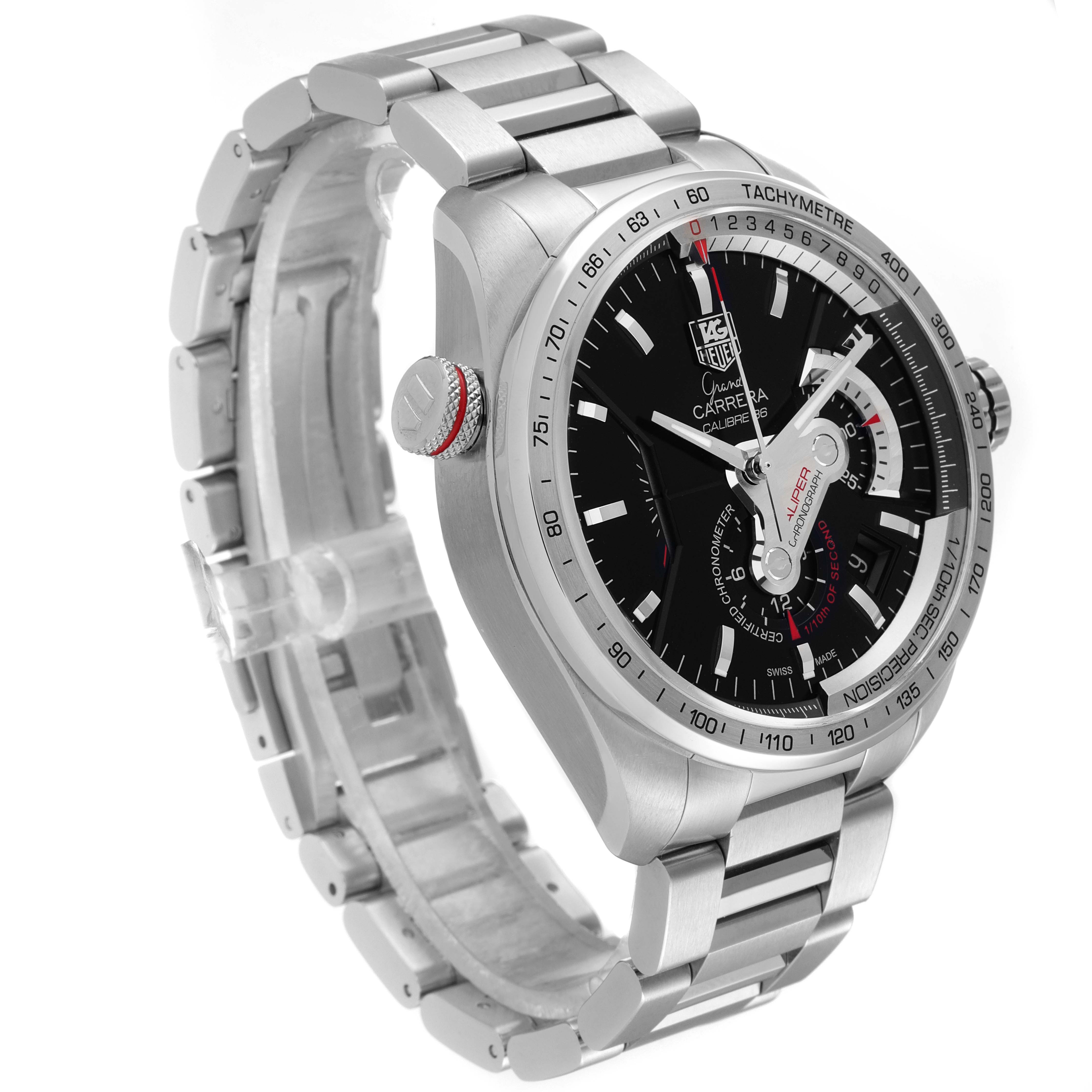 The image shows a Tag Heuer Carrera CAV5115.BA0902 Men's Stainless Steel Black Dial CAV5115.BA0902 Men's Stainless Steel Black Dial model watch at a three-quarter angle, highlighting its dial, bezel, crown, and bracelet.