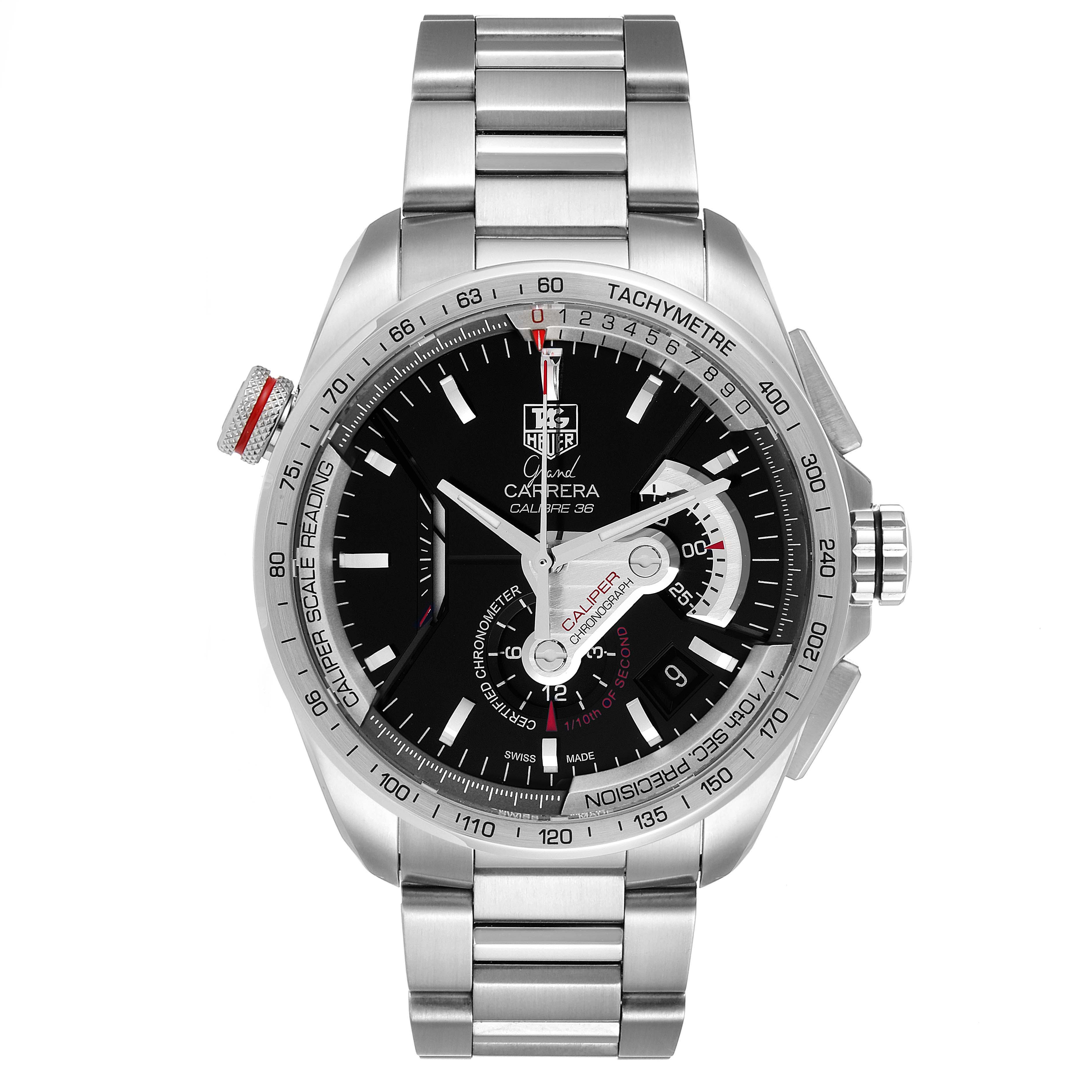This Tag Heuer Carrera CAV5115.BA0902 Men's Stainless Steel Black Dial CAV5115.BA0902 Men's Stainless Steel Black Dial model watch is shown from a front-facing angle, showcasing its face, bezel, and stainless steel bracelet.