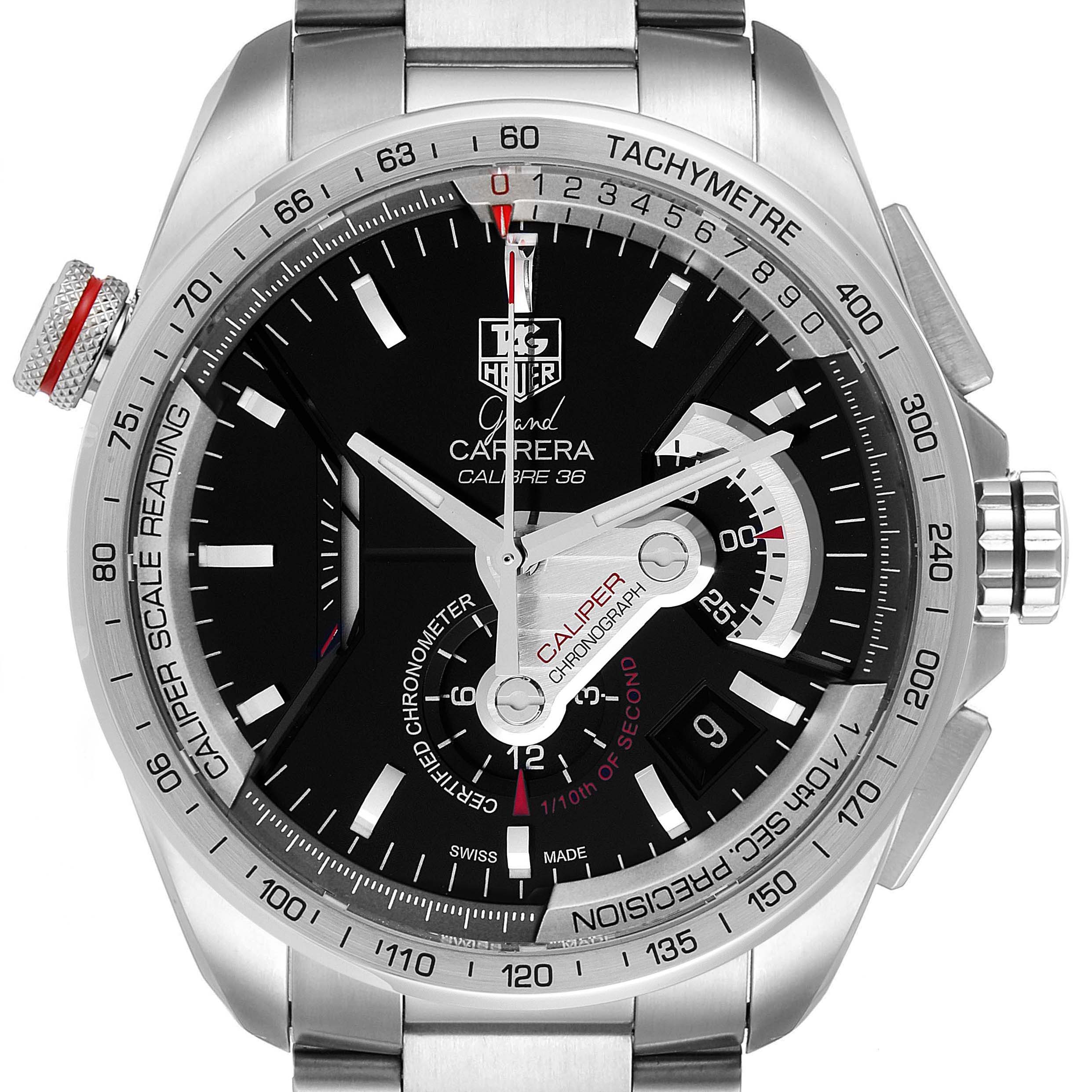 The image shows a frontal view of a Tag Heuer Carrera CAV5115.BA0902 Men's Stainless Steel Black Dial CAV5115.BA0902 Men's Stainless Steel Black Dial watch, highlighting the dial, bezel, and crown.