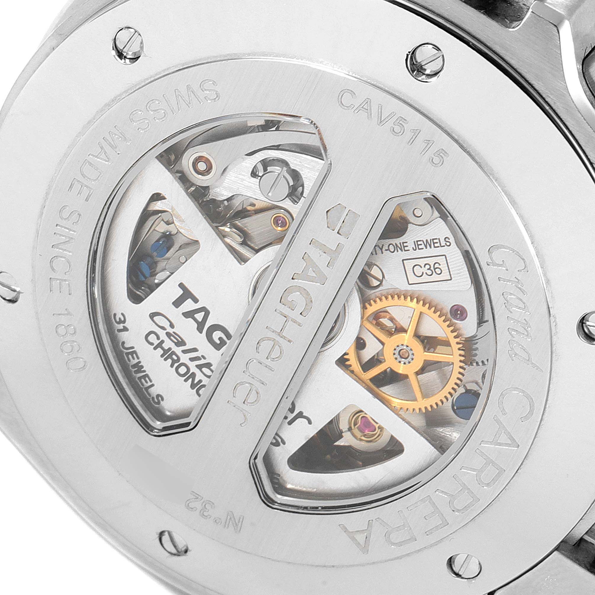 The image shows the transparent case back of a Tag Heuer Carrera CAV5115.BA0902 Men's Stainless Steel Black Dial CAV5115.BA0902 Men's Stainless Steel Black Dial model, revealing the intricate inner workings and mechanics.