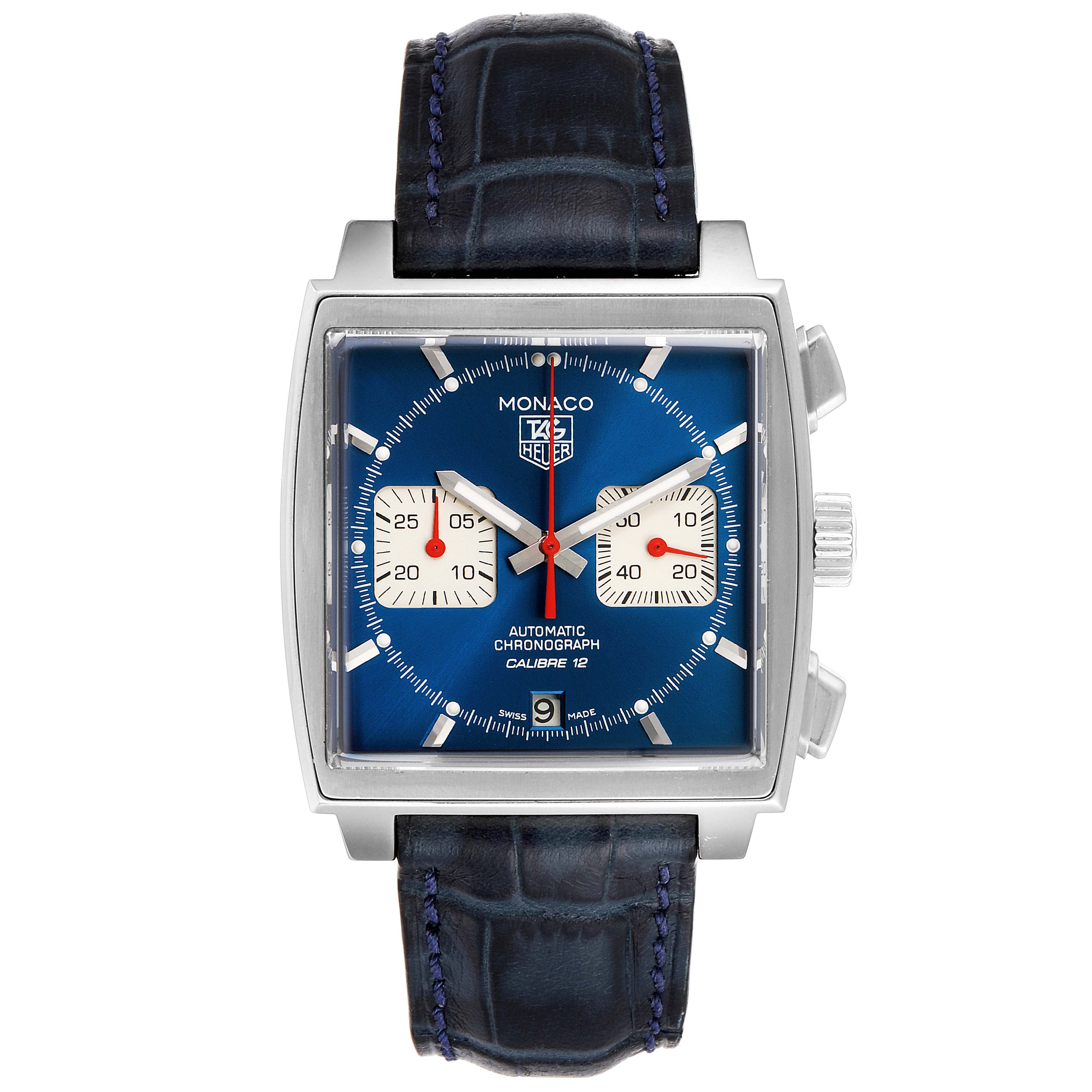 The Tag Heuer Monaco CAW2111 Men's Stainless Steel Blue Dial CAW2111 Men's Stainless Steel Blue Dial watch is shown from the front, highlighting its square face, blue dial, and leather strap.