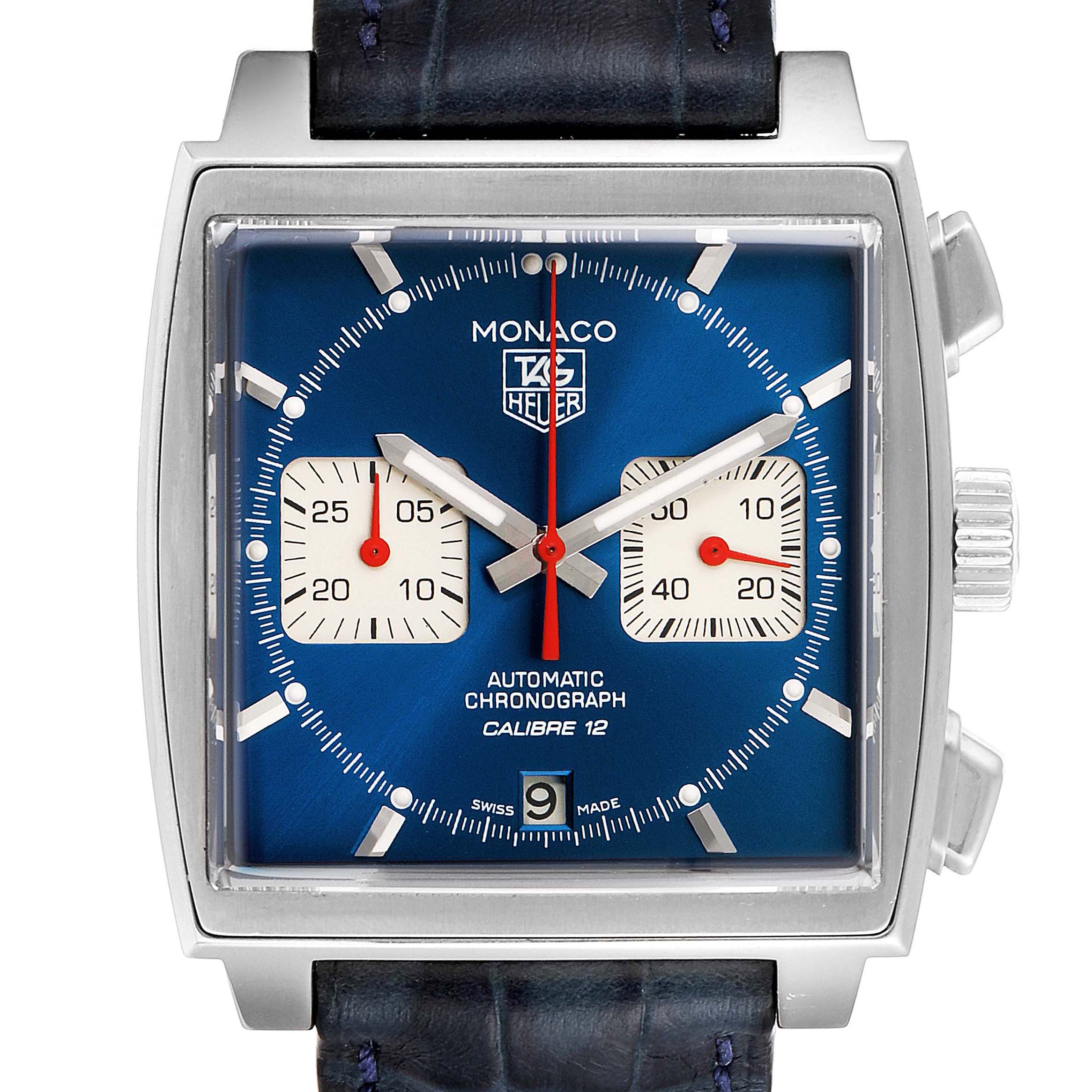 The image shows a front view of the Tag Heuer Monaco CAW2111 Men's Stainless Steel Blue Dial CAW2111 Men's Stainless Steel Blue Dial watch, highlighting its blue dial, square case, and chronograph sub-dials.