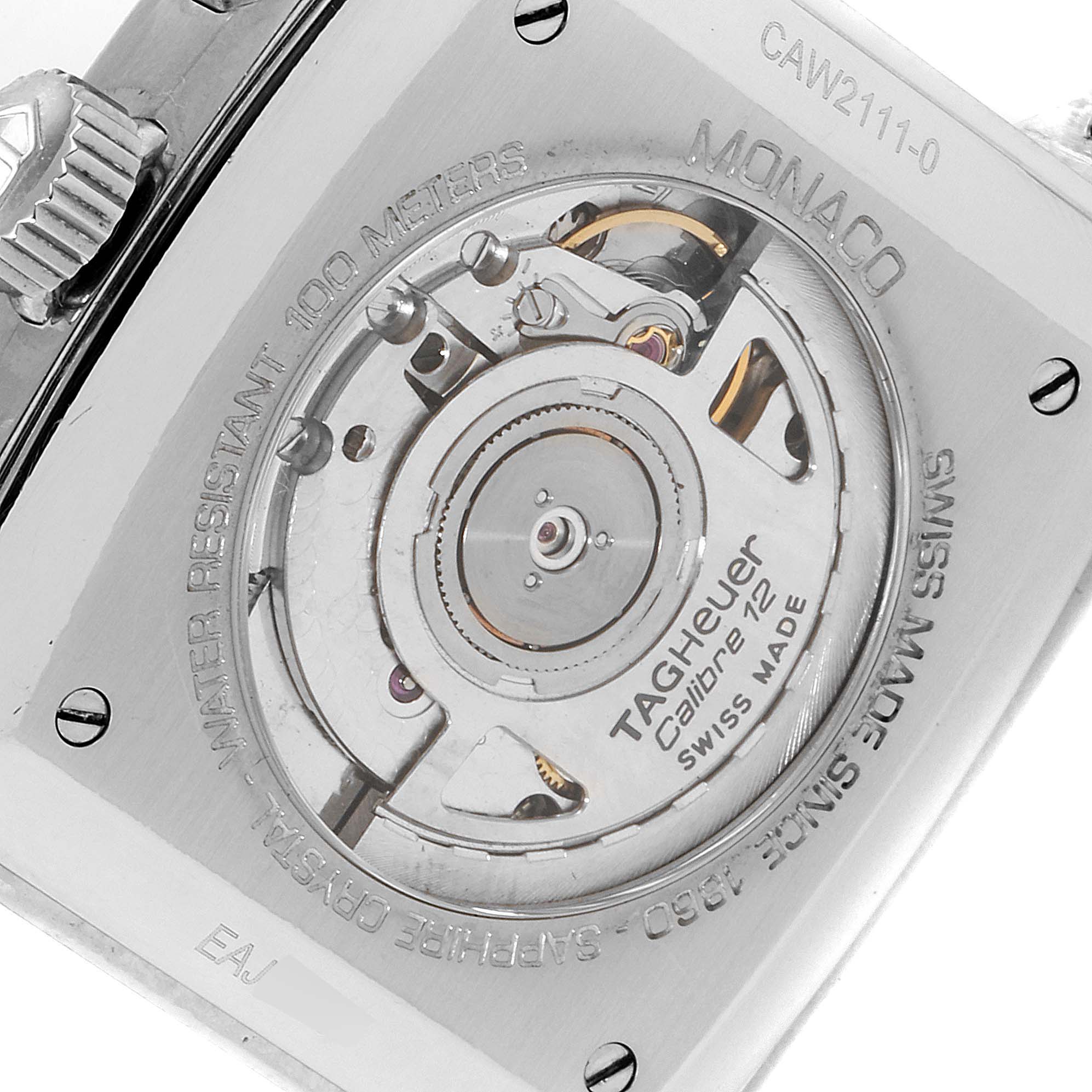 The image shows the case back of the Tag Heuer Monaco CAW2111 Men's Stainless Steel Blue Dial CAW2111 Men's Stainless Steel Blue Dial watch, revealing its internal movement.