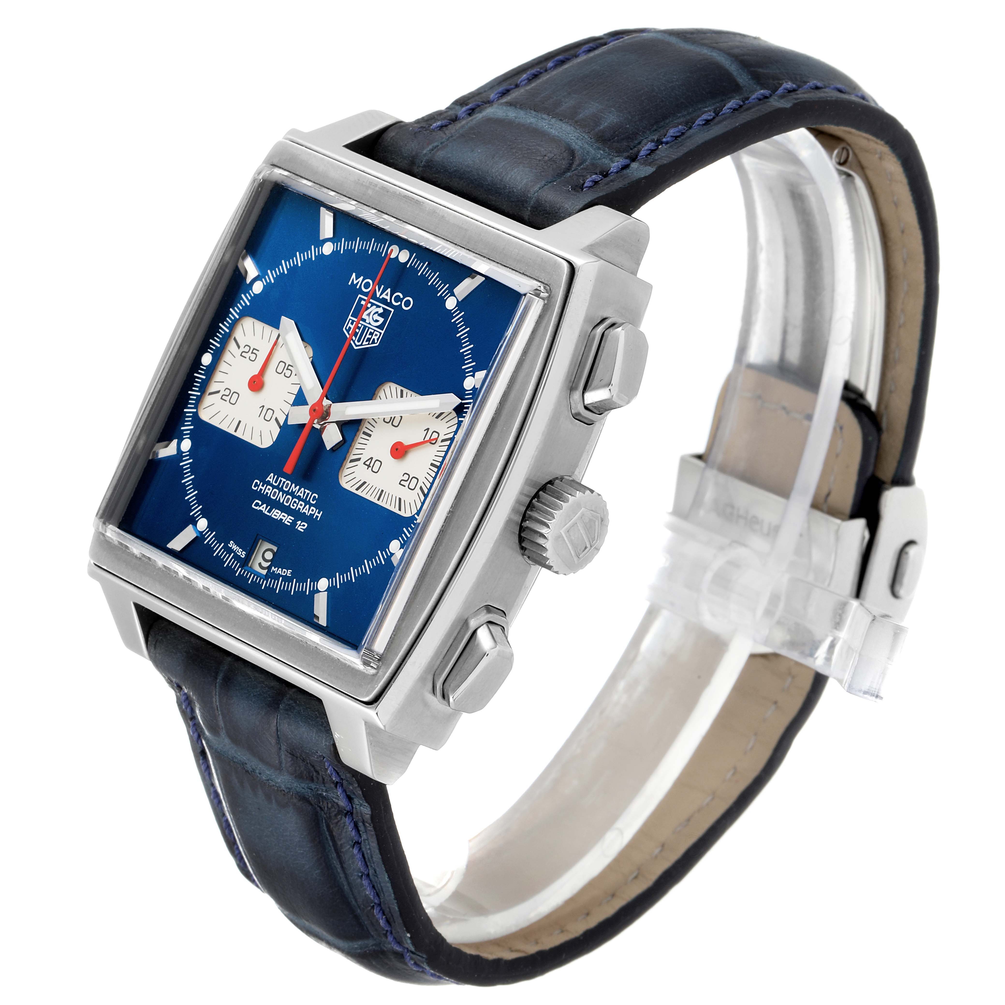 This image shows a Tag Heuer Monaco CAW2111 Men's Stainless Steel Blue Dial CAW2111 Men's Stainless Steel Blue Dial watch at a three-quarter angle highlighting its square face, dial, and strap.