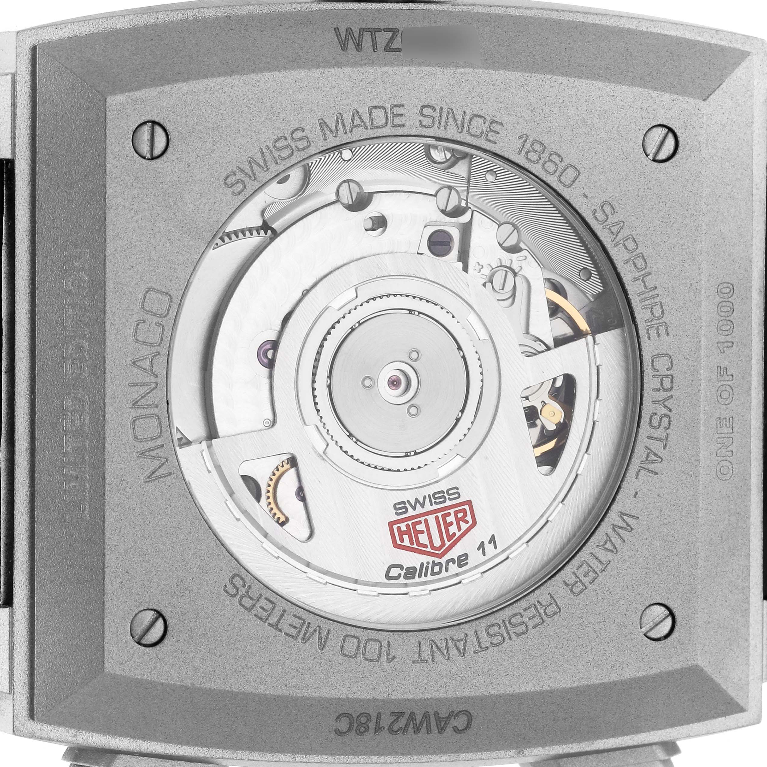 This image shows the back of the Tag Heuer Monaco CAW218C.FC6548 Men's Titanium Silver Dial CAW218C.FC6548 Men's Titanium Silver Dial watch, displaying the inner mechanism and Calibre 11 details.