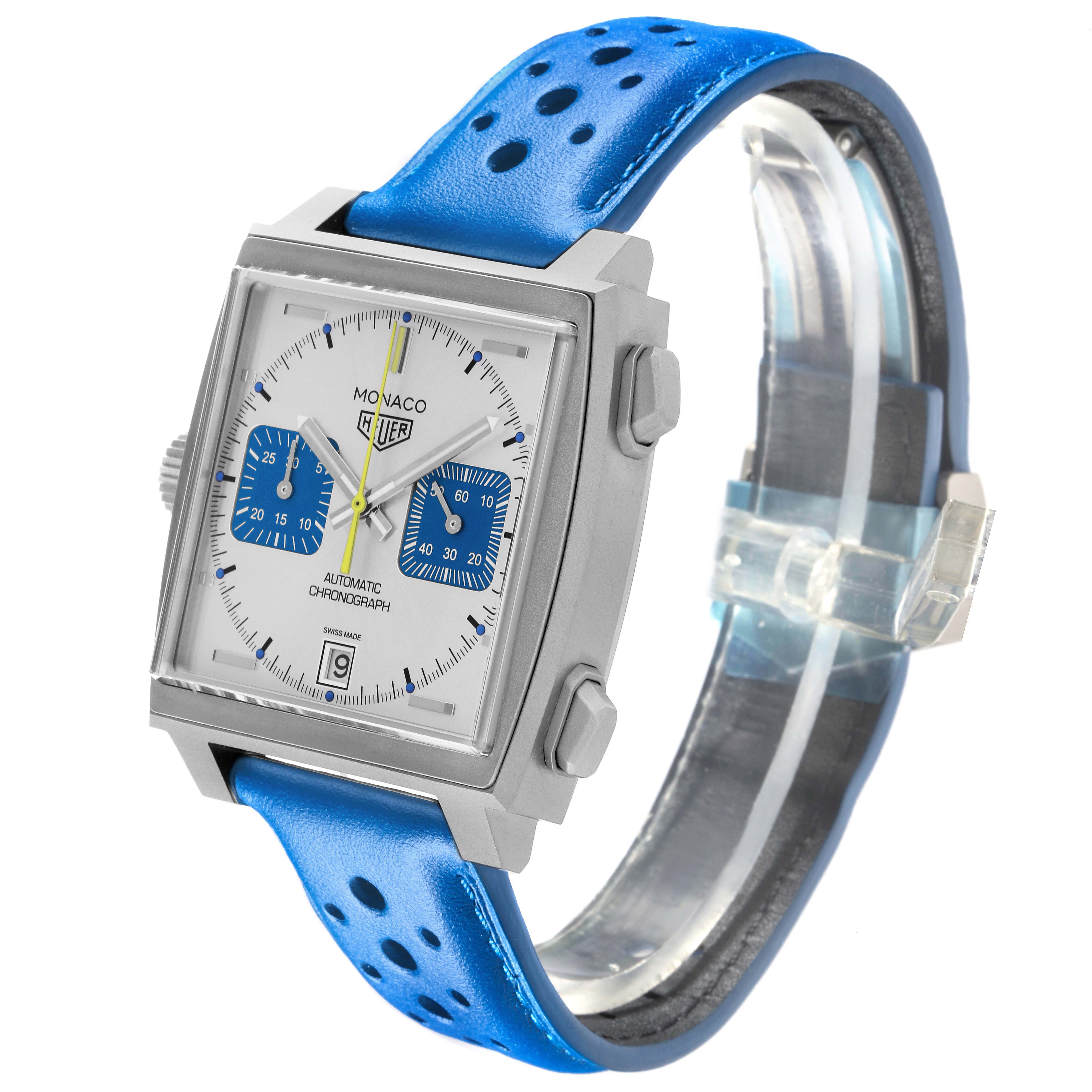 The Tag Heuer Monaco CAW218C.FC6548 Men's Titanium Silver Dial watch is shown at a slight angle, highlighting the square case, blue leather strap, and dial details.