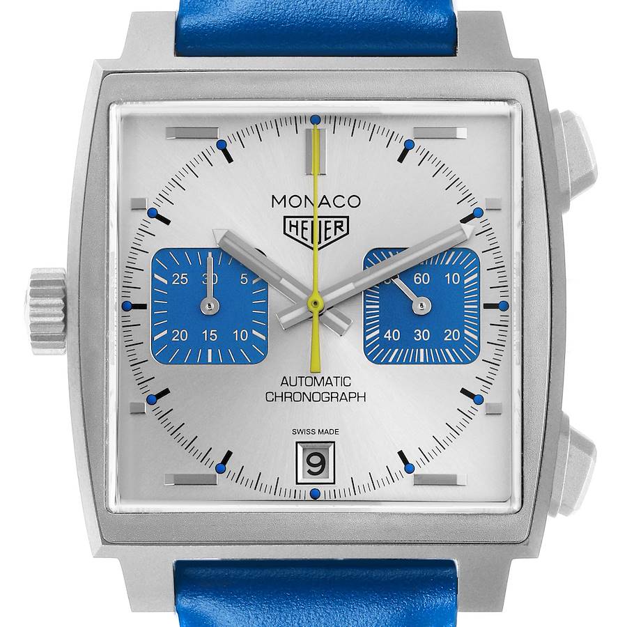 The Tag Heuer Monaco CAW218C.FC6548 Men's Titanium Silver Dial is shown from the front, displaying the dial, subdials, case, crown, and strap.