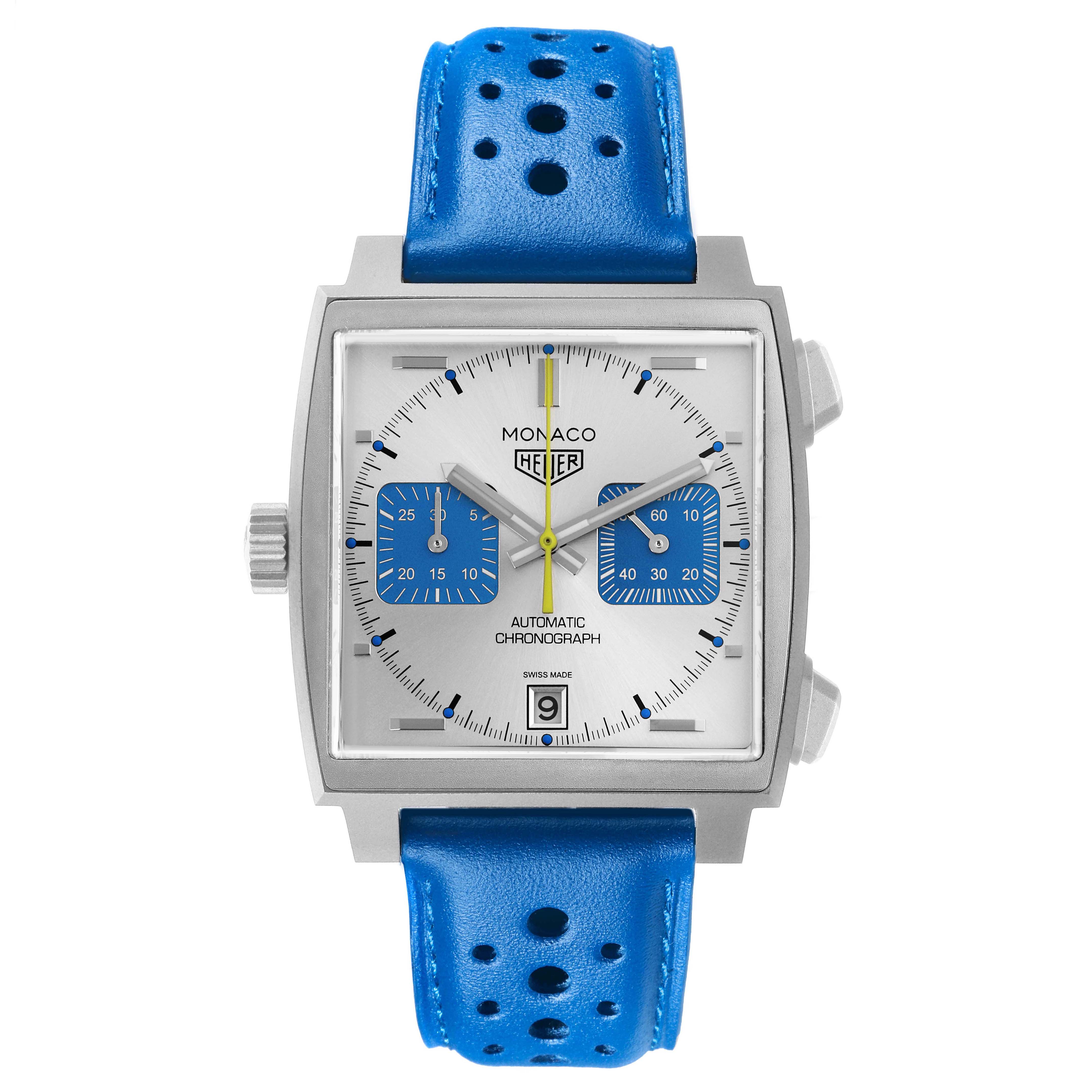 The Tag Heuer Monaco CAW218C.FC6548 Men's Titanium Silver Dial watch is shown from the front, featuring a square face, blue subdials, and a perforated blue strap.