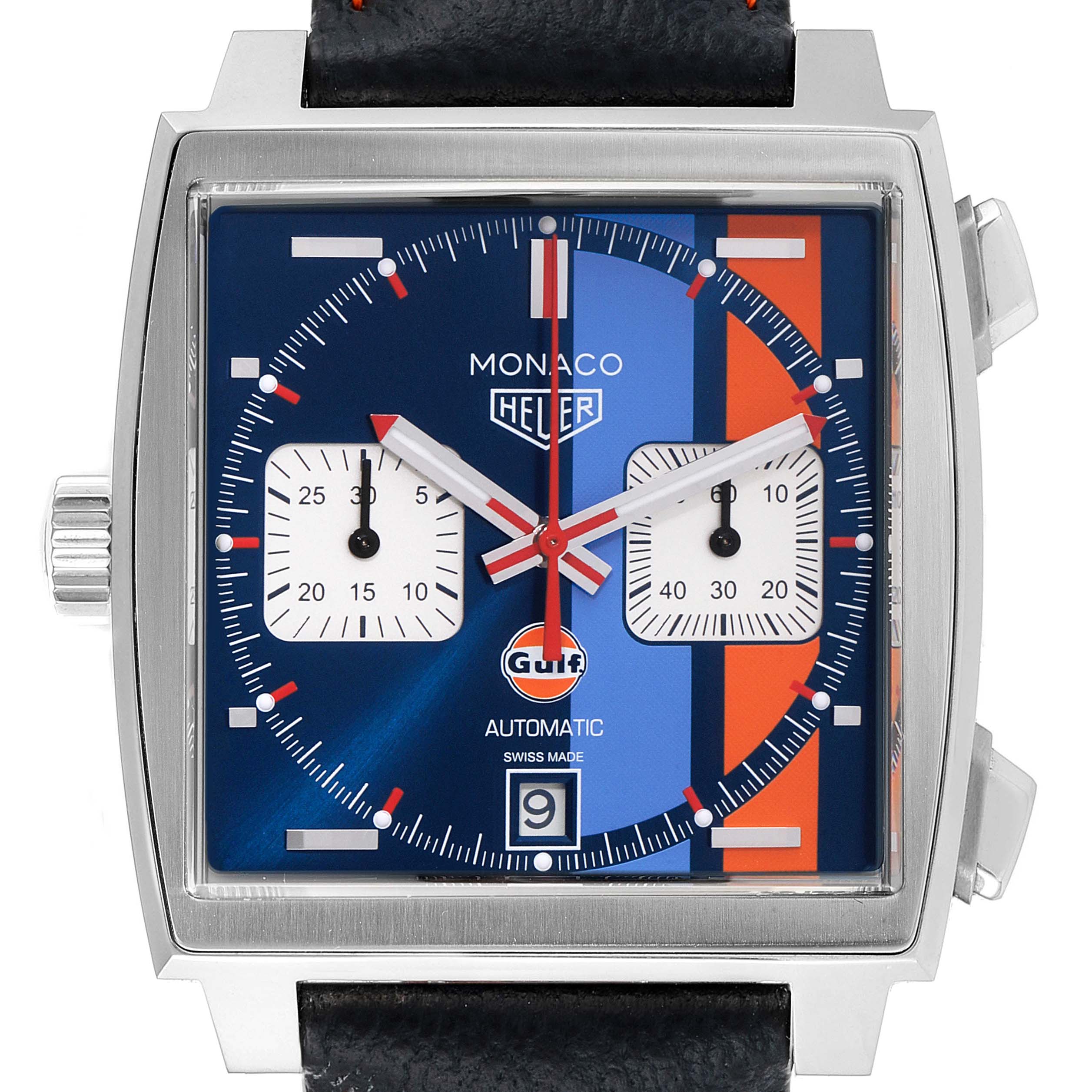 This image shows a front view of the Tag Heuer Monaco CAW211R.FC6401 Men's Stainless Steel Blue Dial CAW211R.FC6401 Men's Stainless Steel Blue Dial watch, highlighting the dial, sub-dials, and crown.