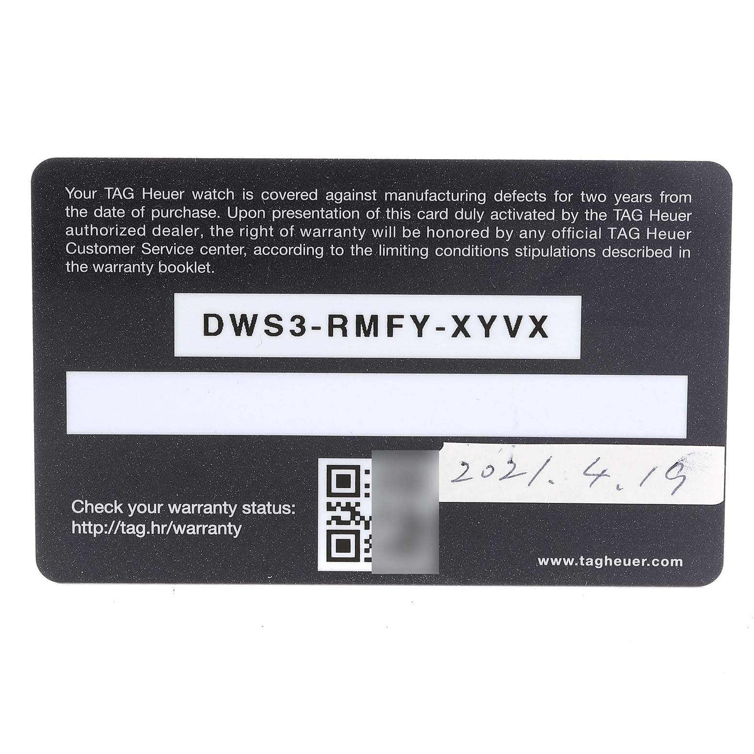 The image shows the warranty card for the Tag Heuer Monaco CAW211R.FC6401 Men's Stainless Steel Blue Dial CAW211R.FC6401 Men's Stainless Steel Blue Dial model watch.