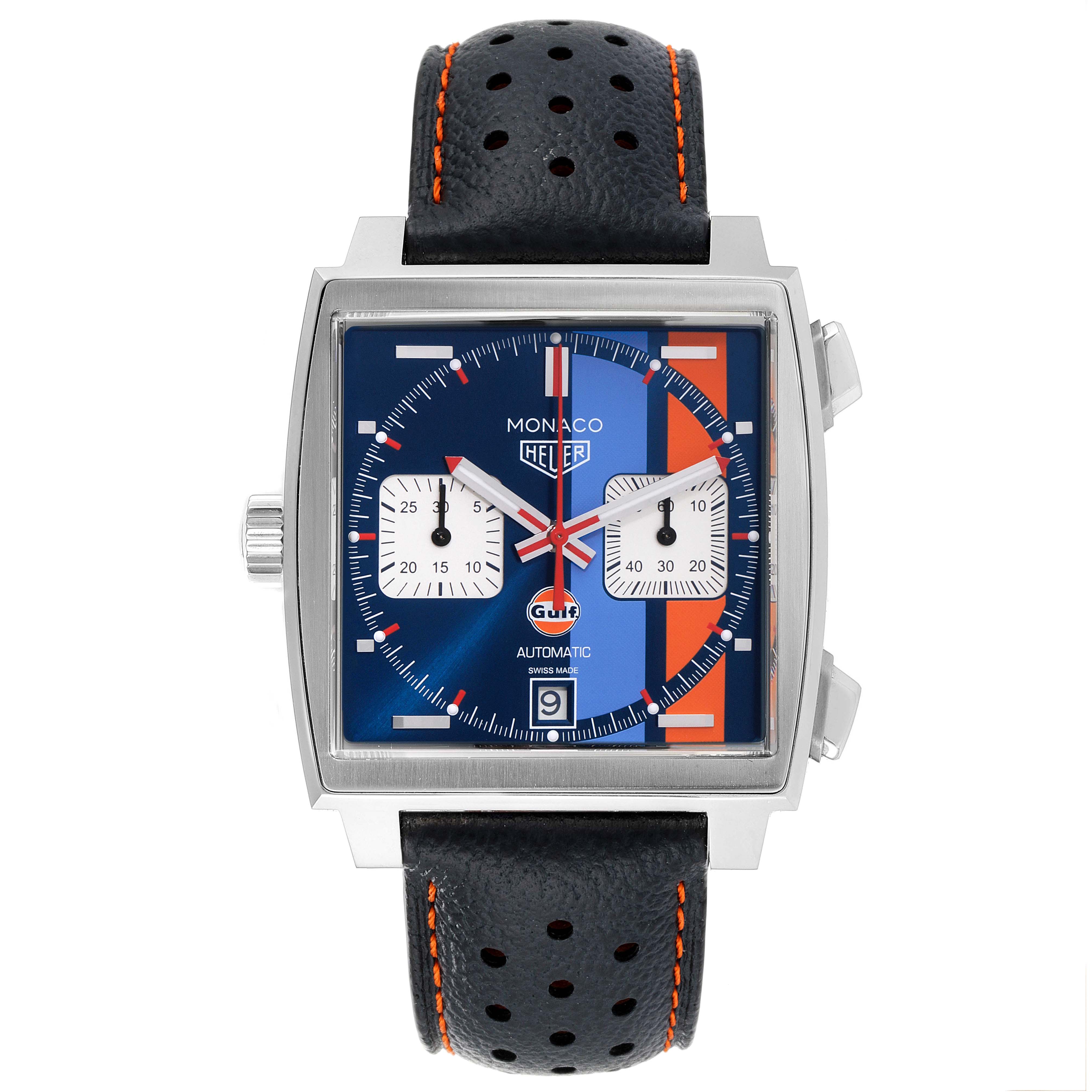 The image shows a front view of the Tag Heuer Monaco CAW211R.FC6401 Men's Stainless Steel Blue Dial CAW211R.FC6401 Men's Stainless Steel Blue Dial watch, highlighting its blue dial, orange accents, and black leather strap.