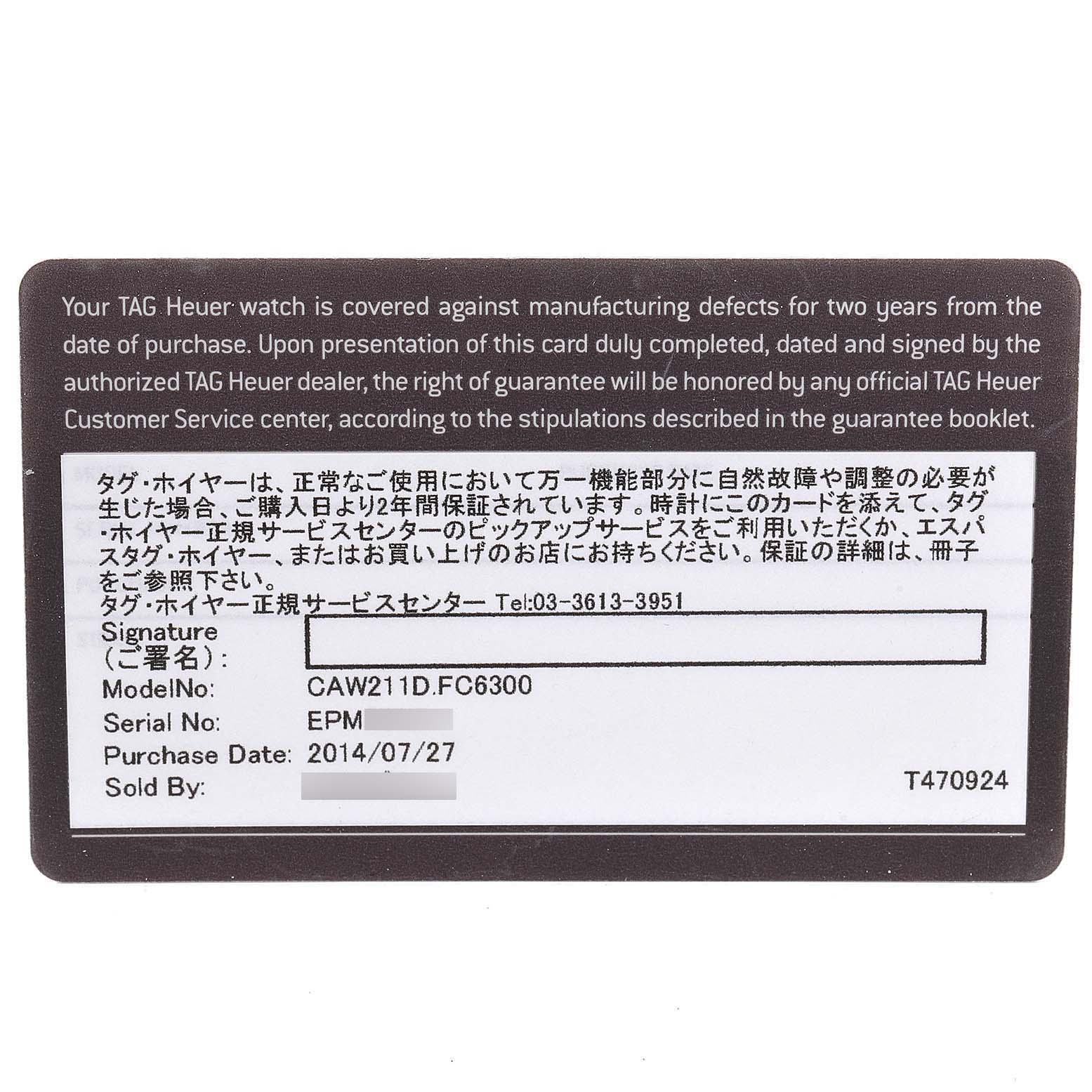 The image shows the warranty card for a Tag Heuer Limited Edition CAW211D Men's Stainless Steel Blue Dial CAW211D Men's Stainless Steel Blue Dial model CAW211D.FC6300.