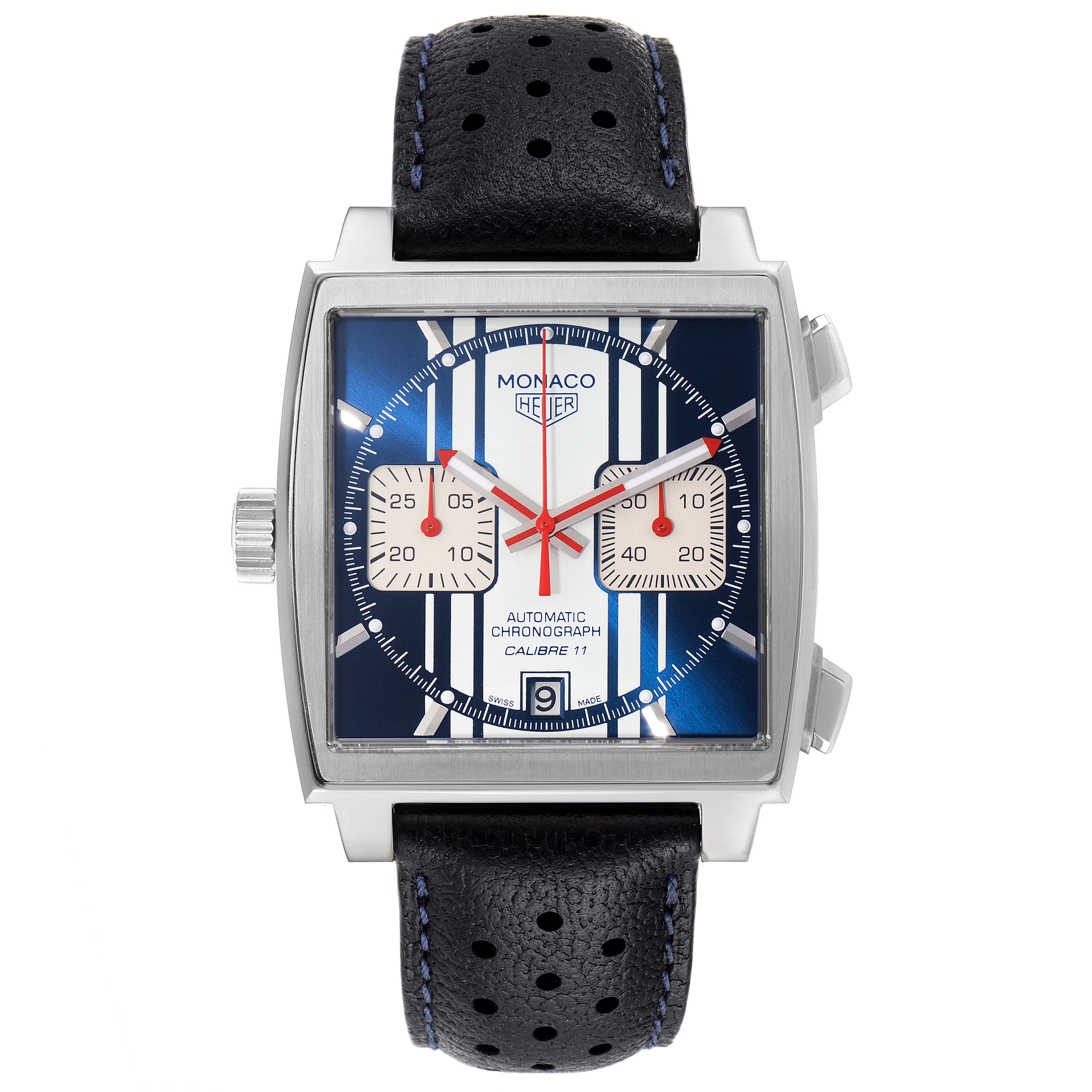 The image shows a front view of the Tag Heuer Monaco Limited Edition watch, featuring its square case, dial, and perforated leather strap.