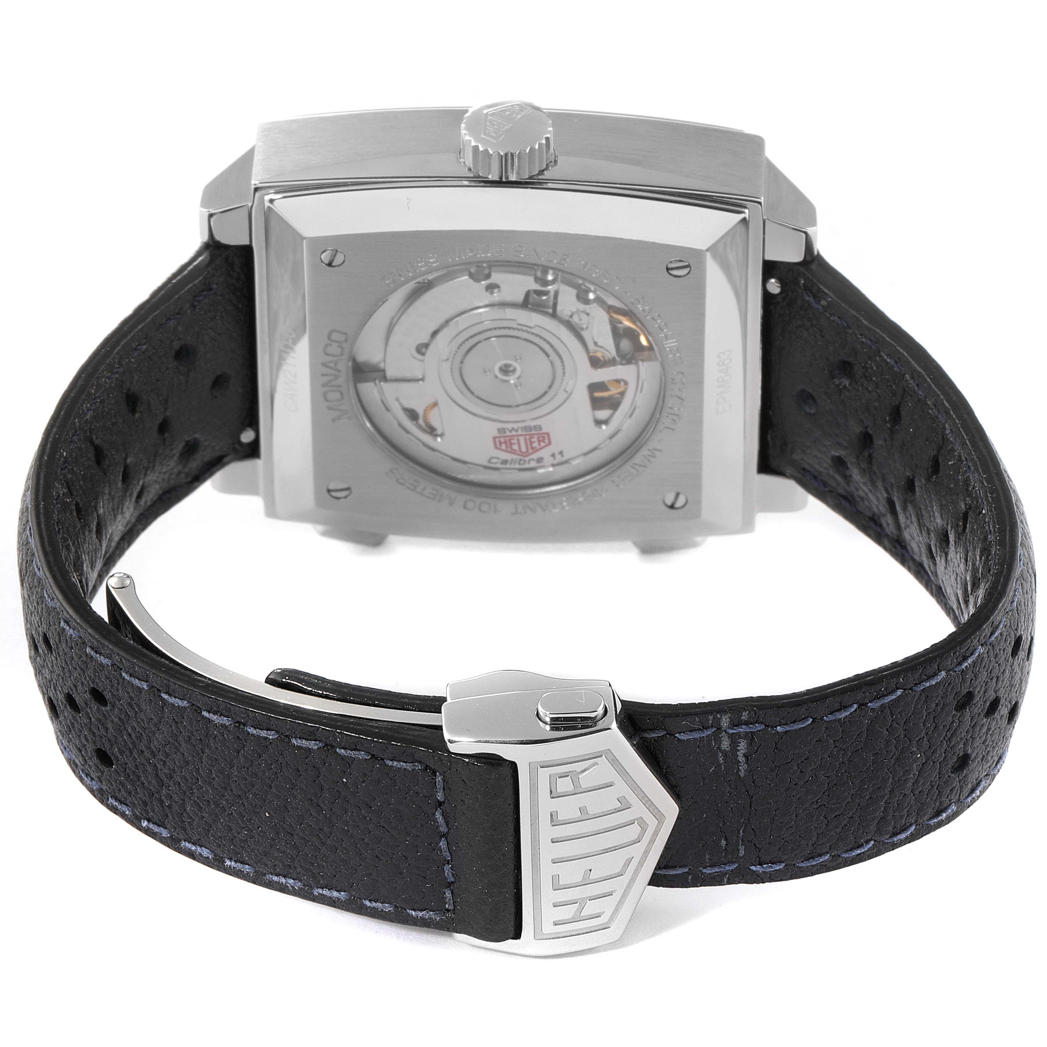 The image shows the back and strap clasp of the Tag Heuer Limited Edition CAW211D Men's Stainless Steel Blue Dial CAW211D Men's Stainless Steel Blue Dial Monaco watch.