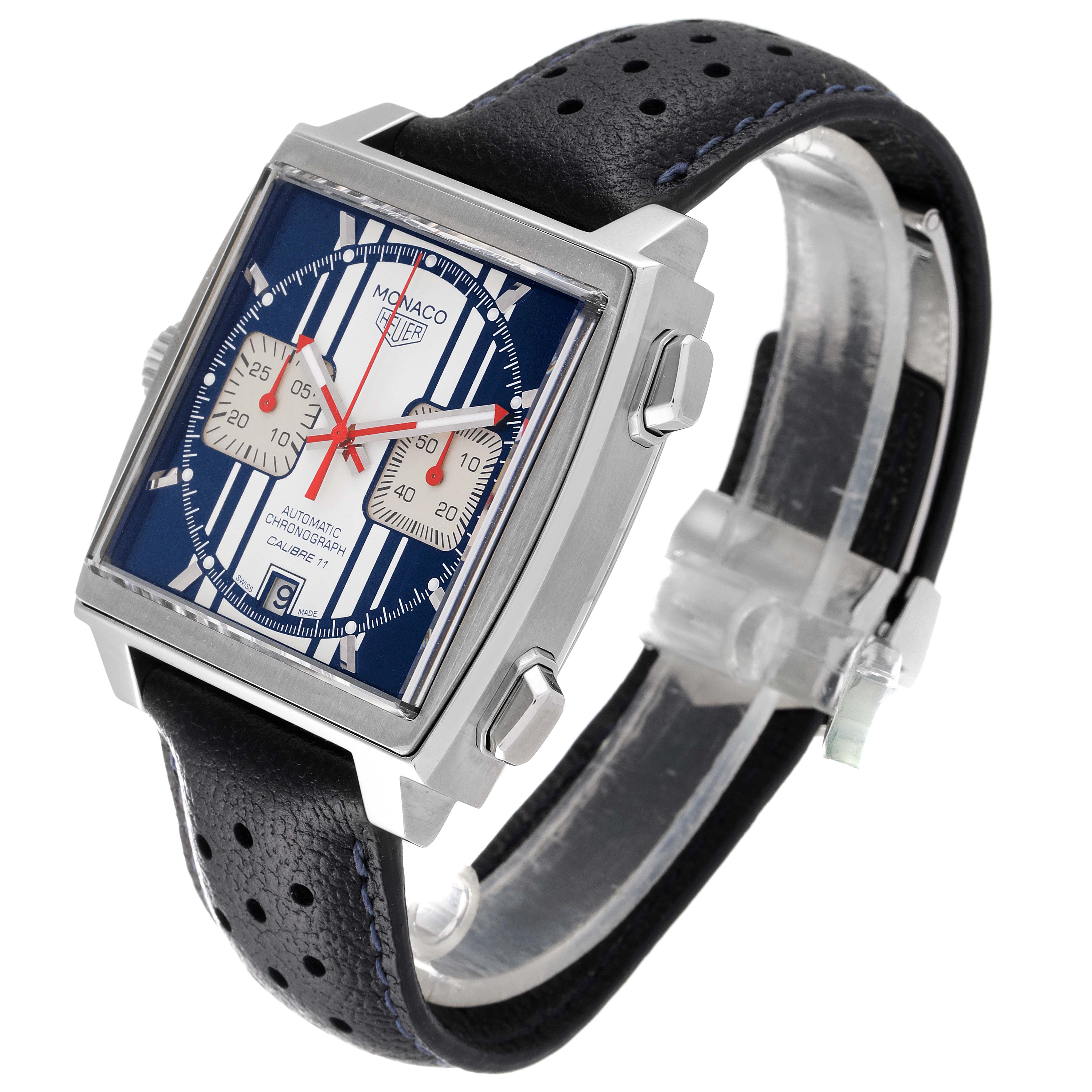 The image shows a Tag Heuer Monaco Limited Edition watch from an angled side view, featuring its face and black leather strap.