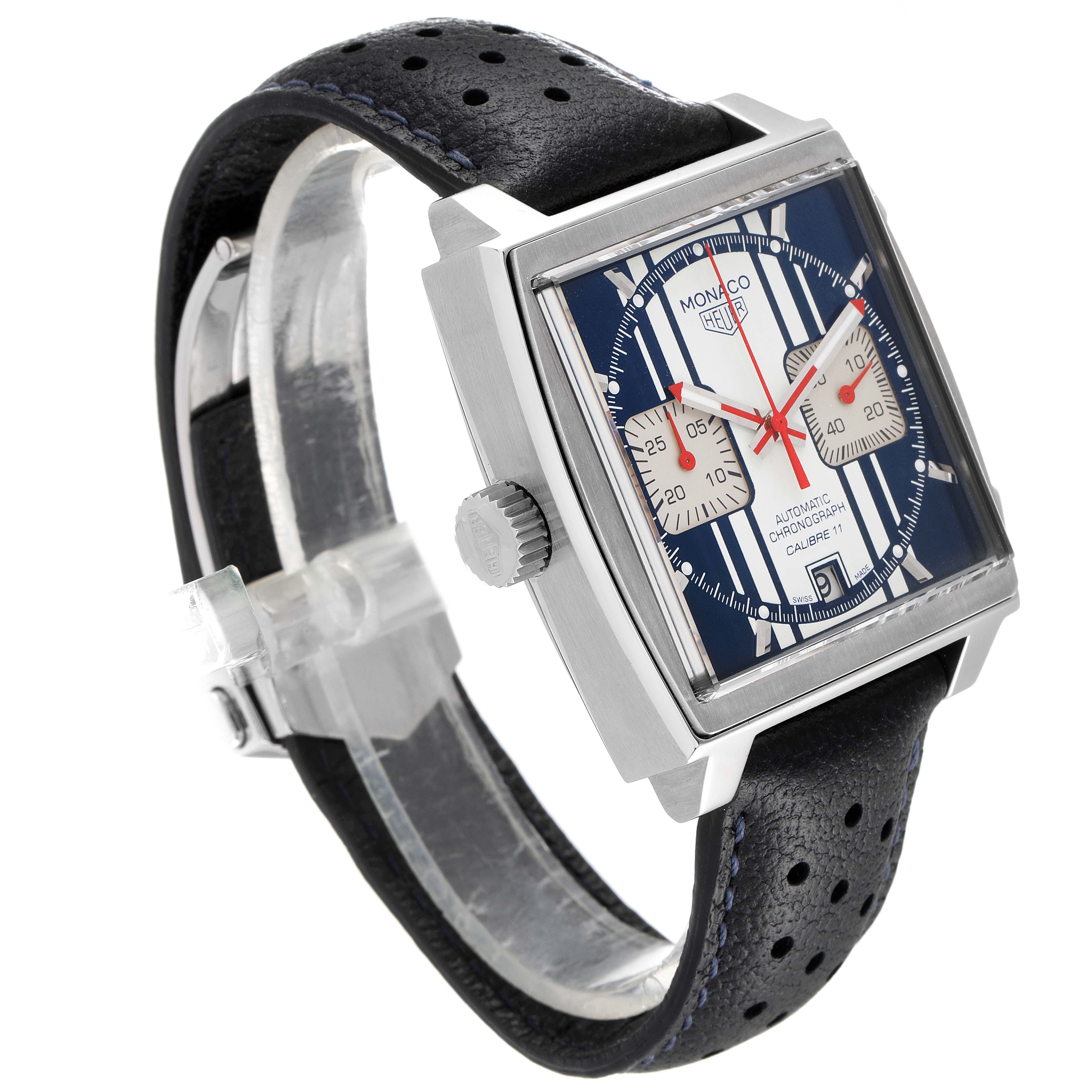 This is a side-angle view of the Tag Heuer Monaco Limited Edition watch showing the face, bezel, case, crown, and part of the strap.