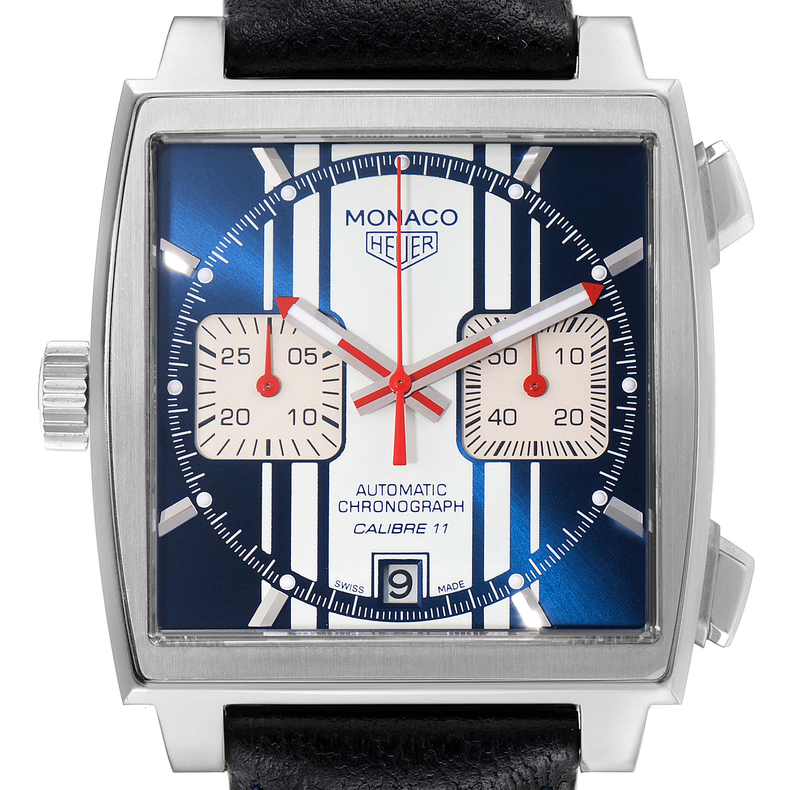 The image shows a frontal view of the Tag Heuer Monaco Limited Edition watch, highlighting its dial, hands, subdials, and date display.