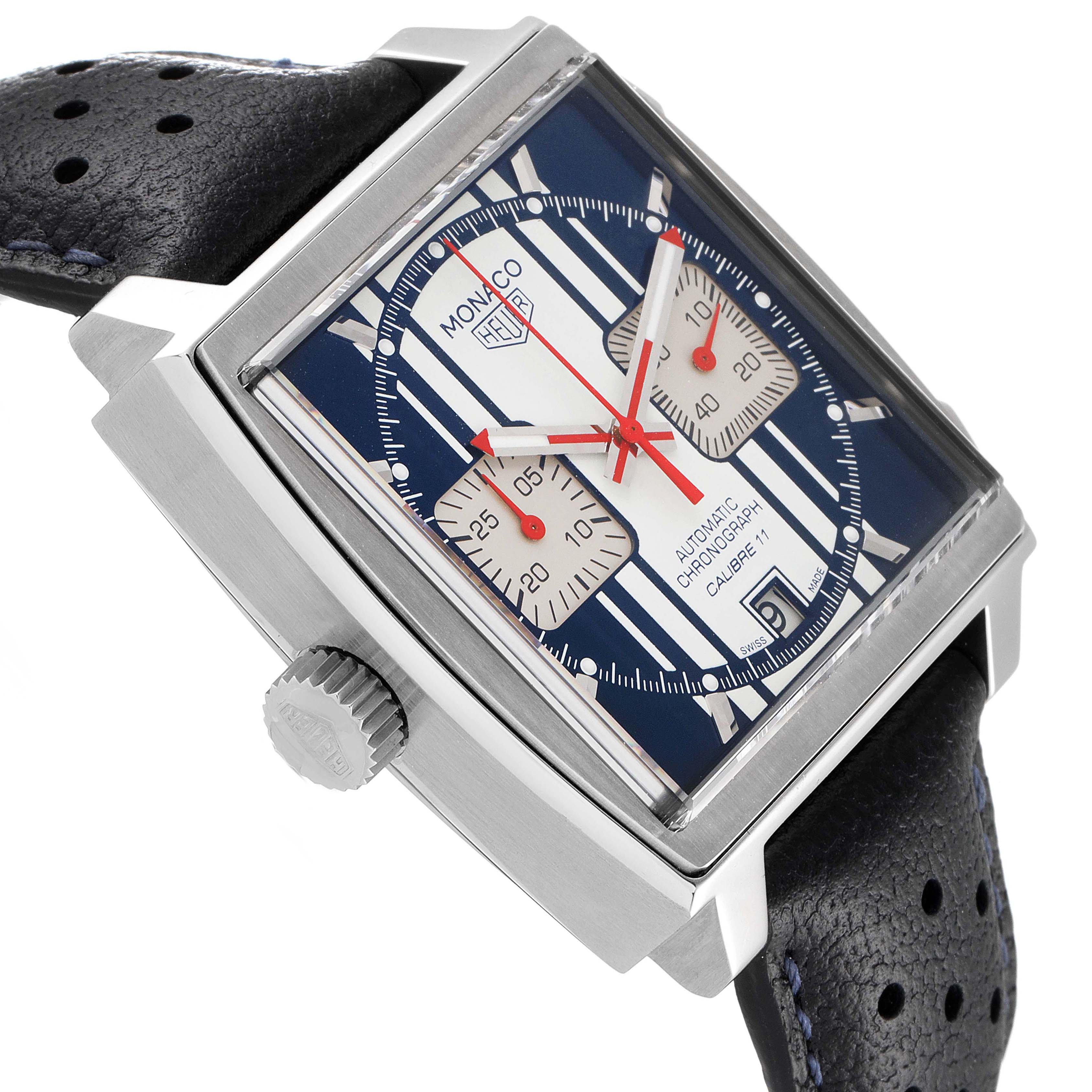 The image shows a close-up side angle of the face and crown of the Tag Heuer Monaco Limited Edition watch.