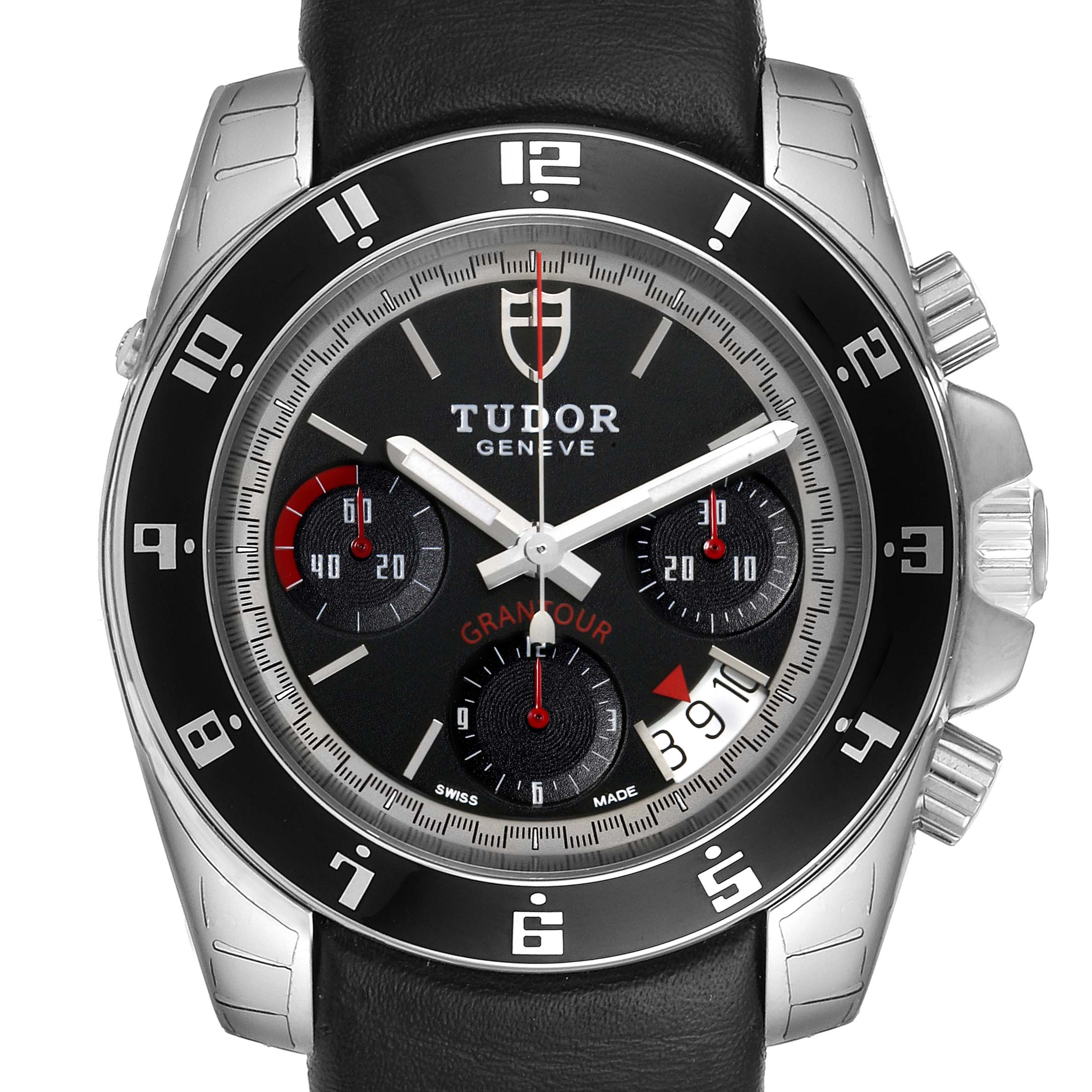 The Tudor Grantour 20350N-BKSLPL Men's Stainless Steel Black Dial 20350N-BKSLPL Men's Stainless Steel Black Dial watch is shown from the front, highlighting its face, bezel, dials, and crown.