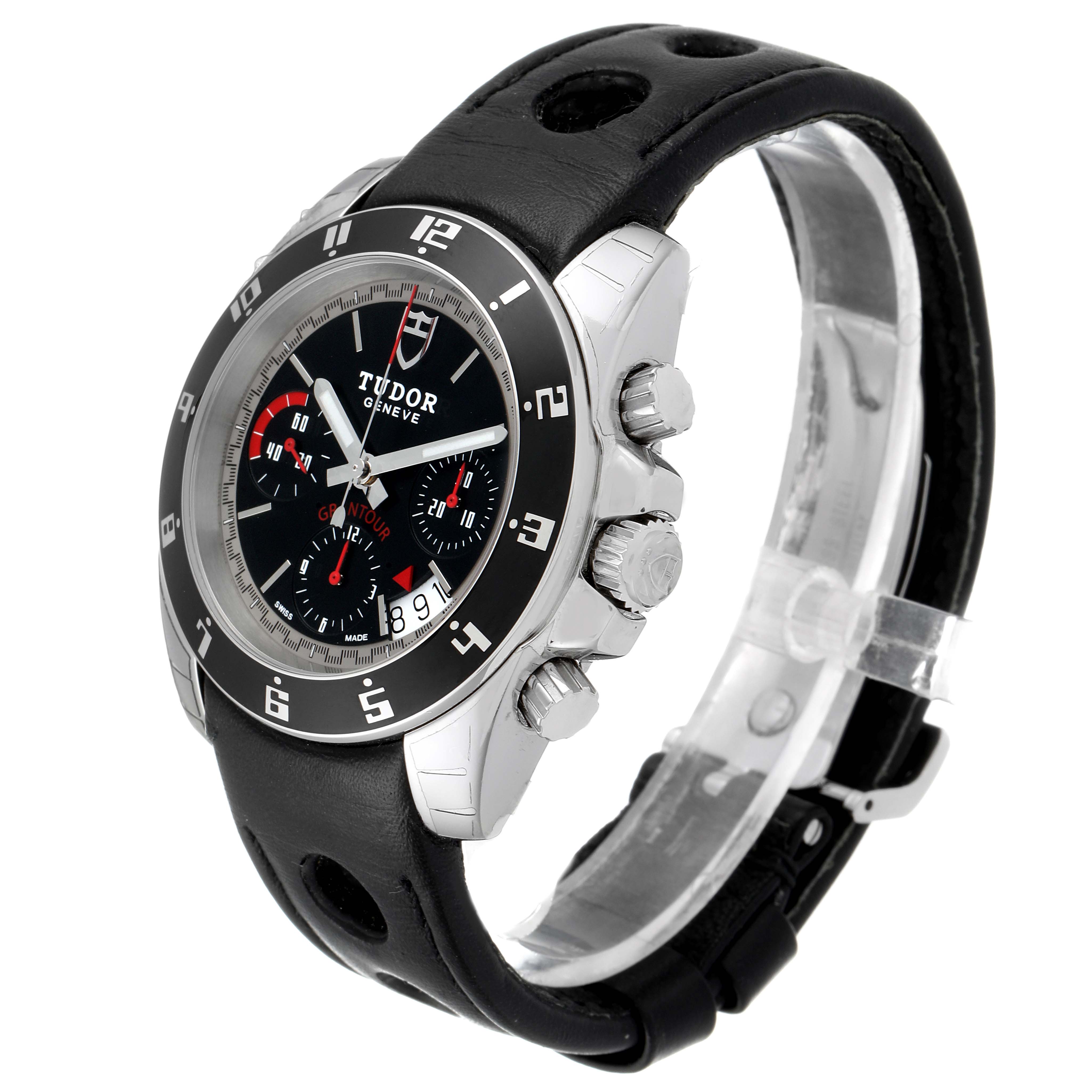 This image shows a Tudor Grantour 20350N-BKSLPL Men's Stainless Steel Black Dial 20350N-BKSLPL Men's Stainless Steel Black Dial watch from a right side angle, highlighting the face, bezel, crown, and strap.