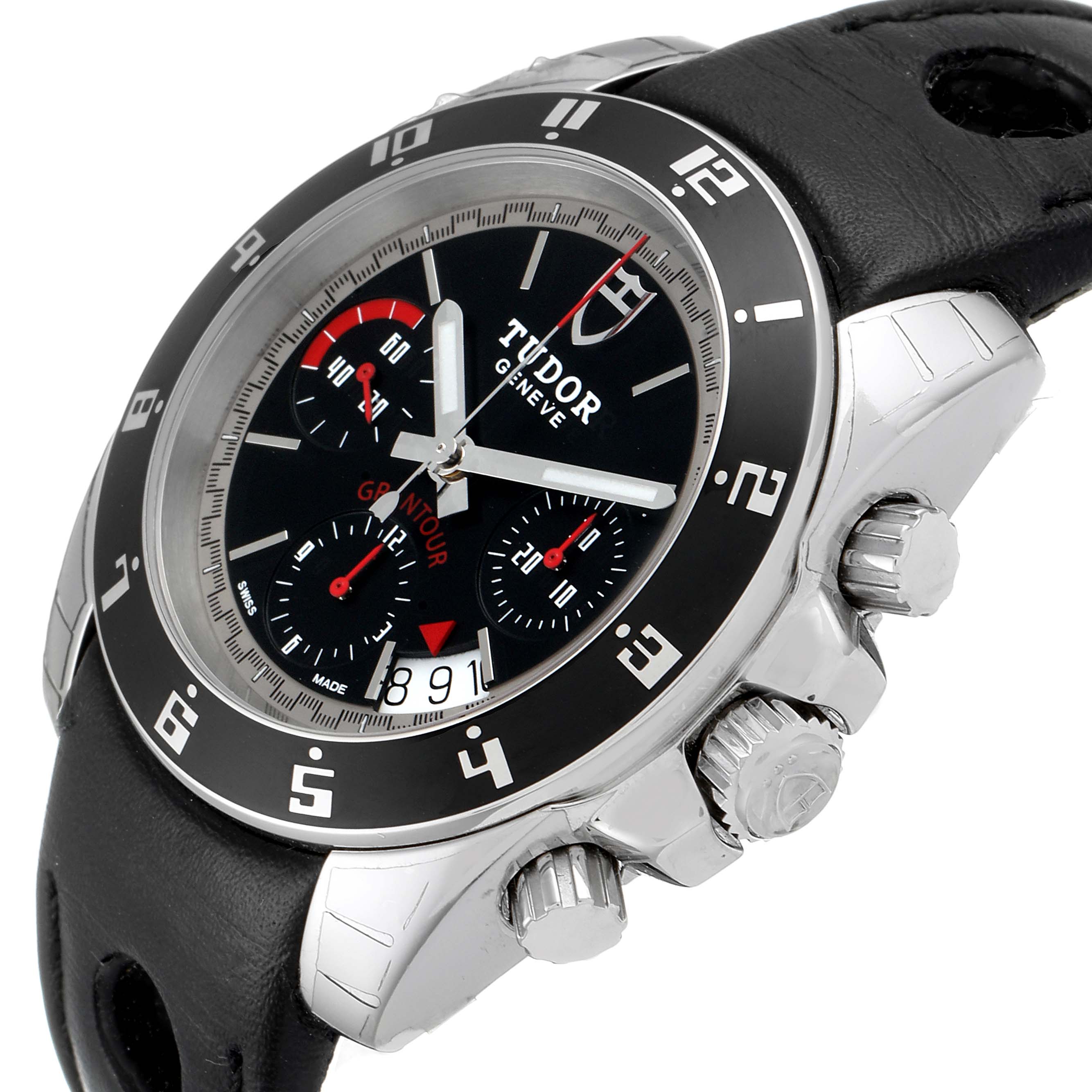 The image shows the Tudor Grantour 20350N-BKSLPL Men's Stainless Steel Black Dial 20350N-BKSLPL Men's Stainless Steel Black Dial watch from a front-side angle, highlighting the face, dial, subdials, and crown.