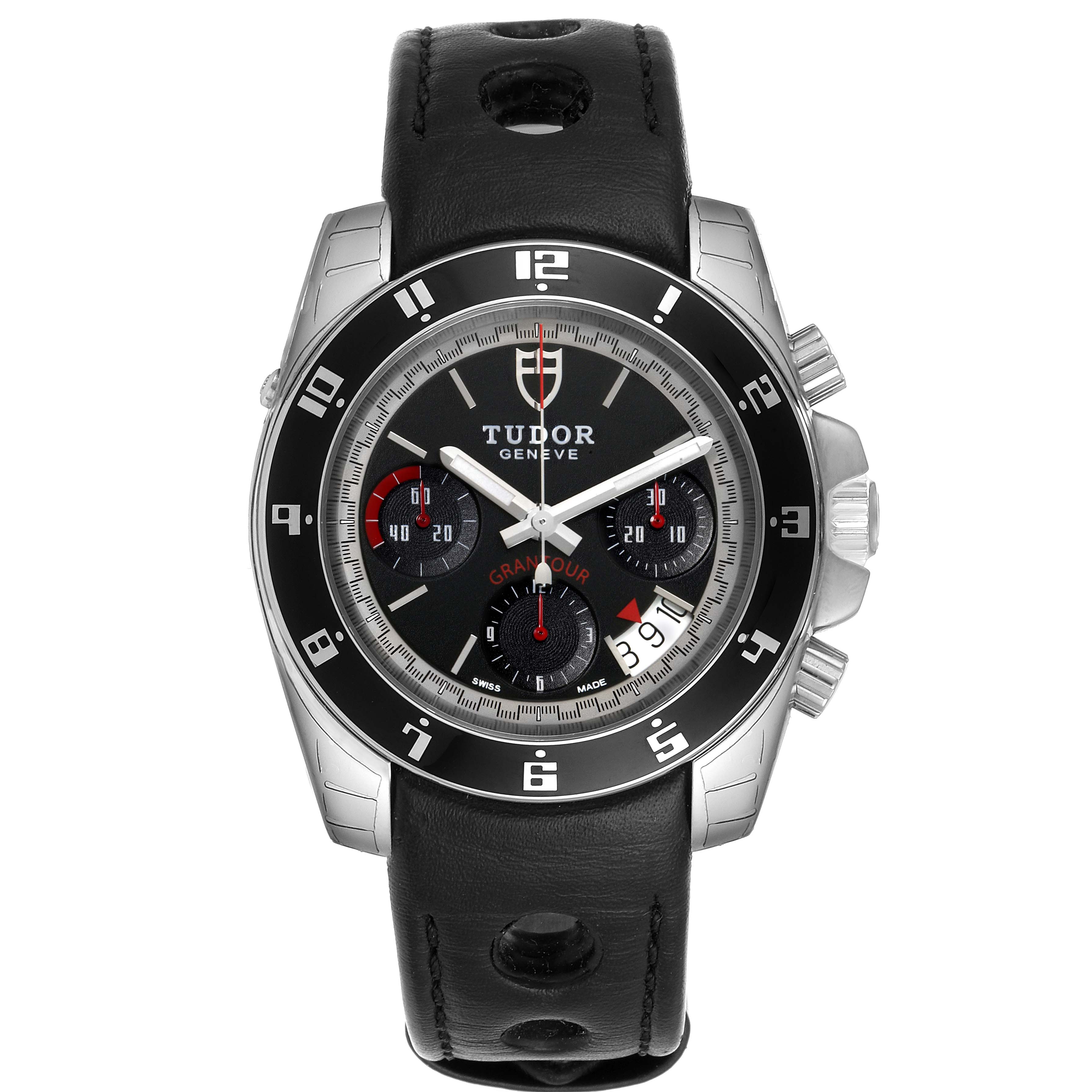 The image shows a front angle of the Tudor Grantour 20350N-BKSLPL Men's Stainless Steel Black Dial 20350N-BKSLPL Men's Stainless Steel Black Dial watch, highlighting its dial, bezel, chronograph, and leather strap.