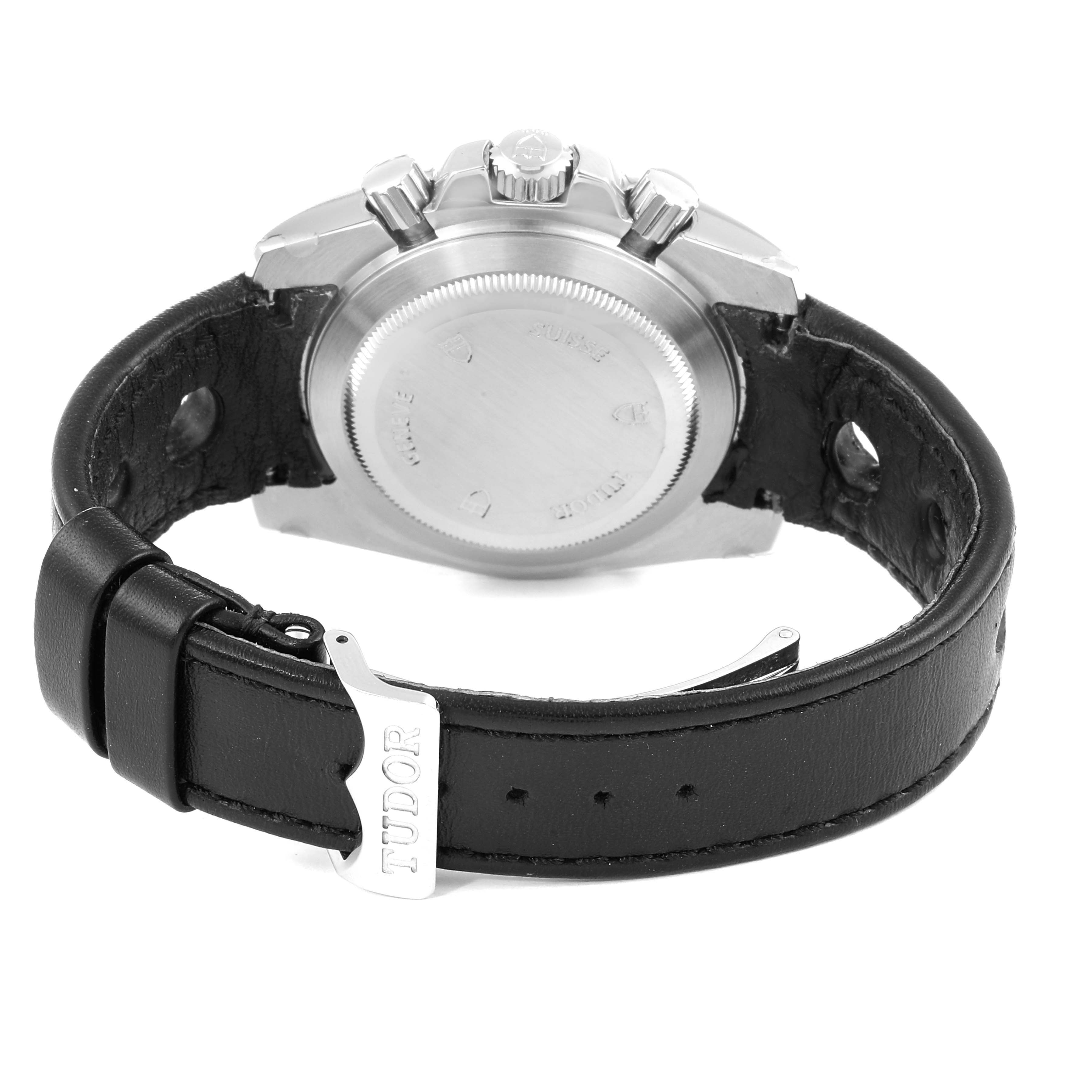 The picture shows the back of the Tudor Grantour 20350N-BKSLPL Men's Stainless Steel Black Dial 20350N-BKSLPL Men's Stainless Steel Black Dial watch, highlighting the case back, crown, pushers, and leather strap.