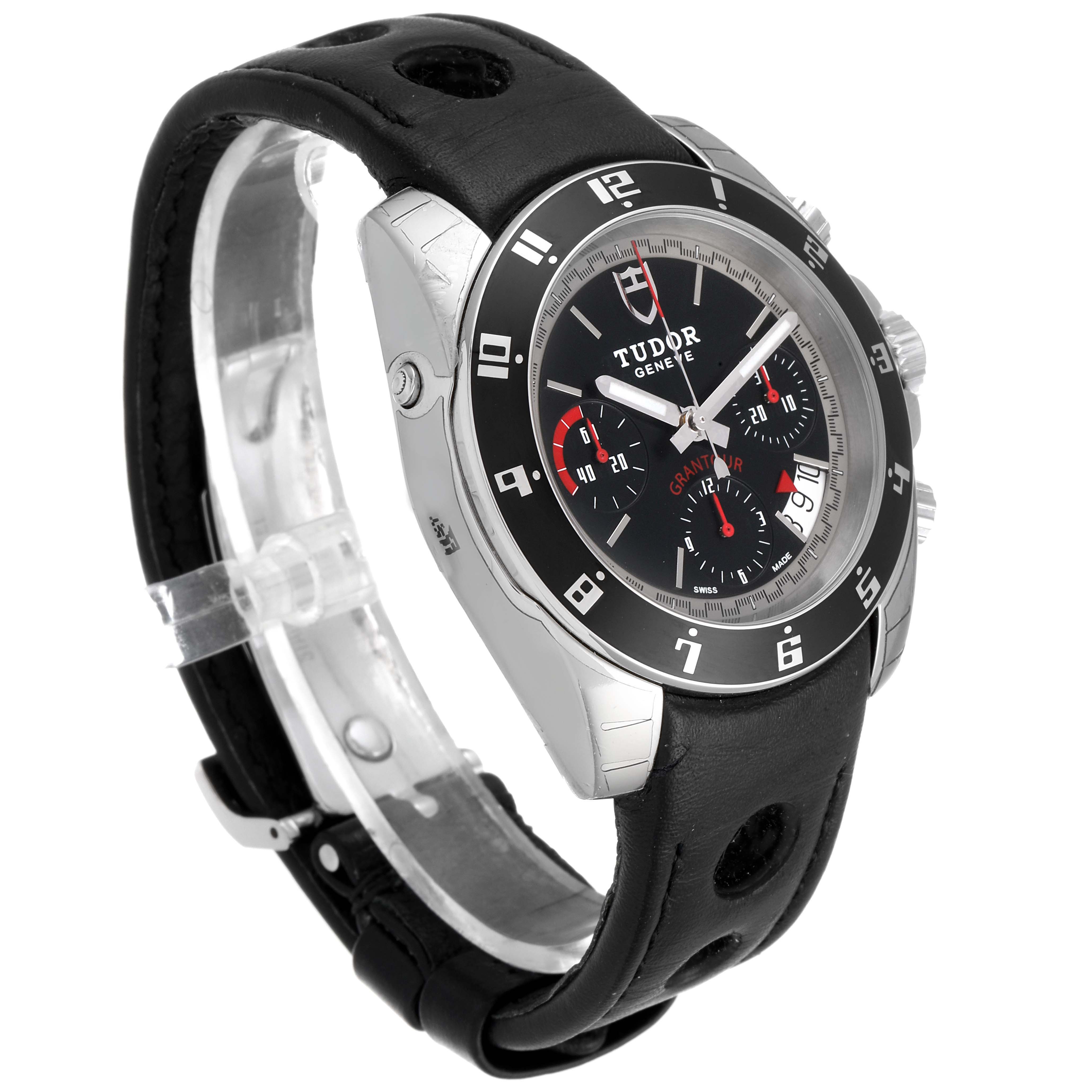 The Tudor Grantour 20350N-BKSLPL Men's Stainless Steel Black Dial 20350N-BKSLPL Men's Stainless Steel Black Dial watch is shown at a three-quarter angle, displaying the face, bezel, crown, and part of the black strap.