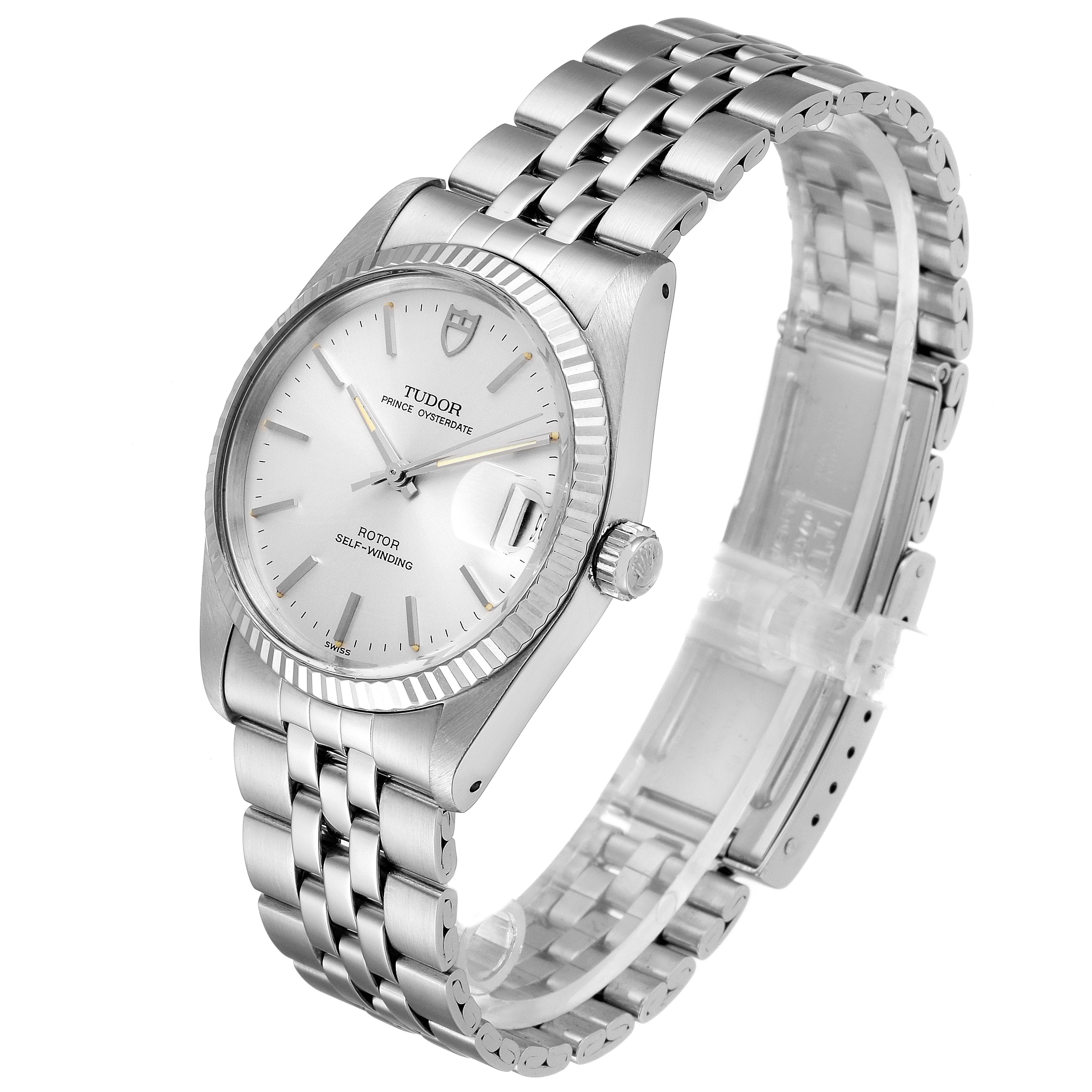 The Tudor Prince 74034 Men's Stainless Steel Silver Dial 74034 Men's Stainless Steel Silver Dial watch is shown at a three-quarter angle, highlighting the face, bezel, crown, and metal bracelet.