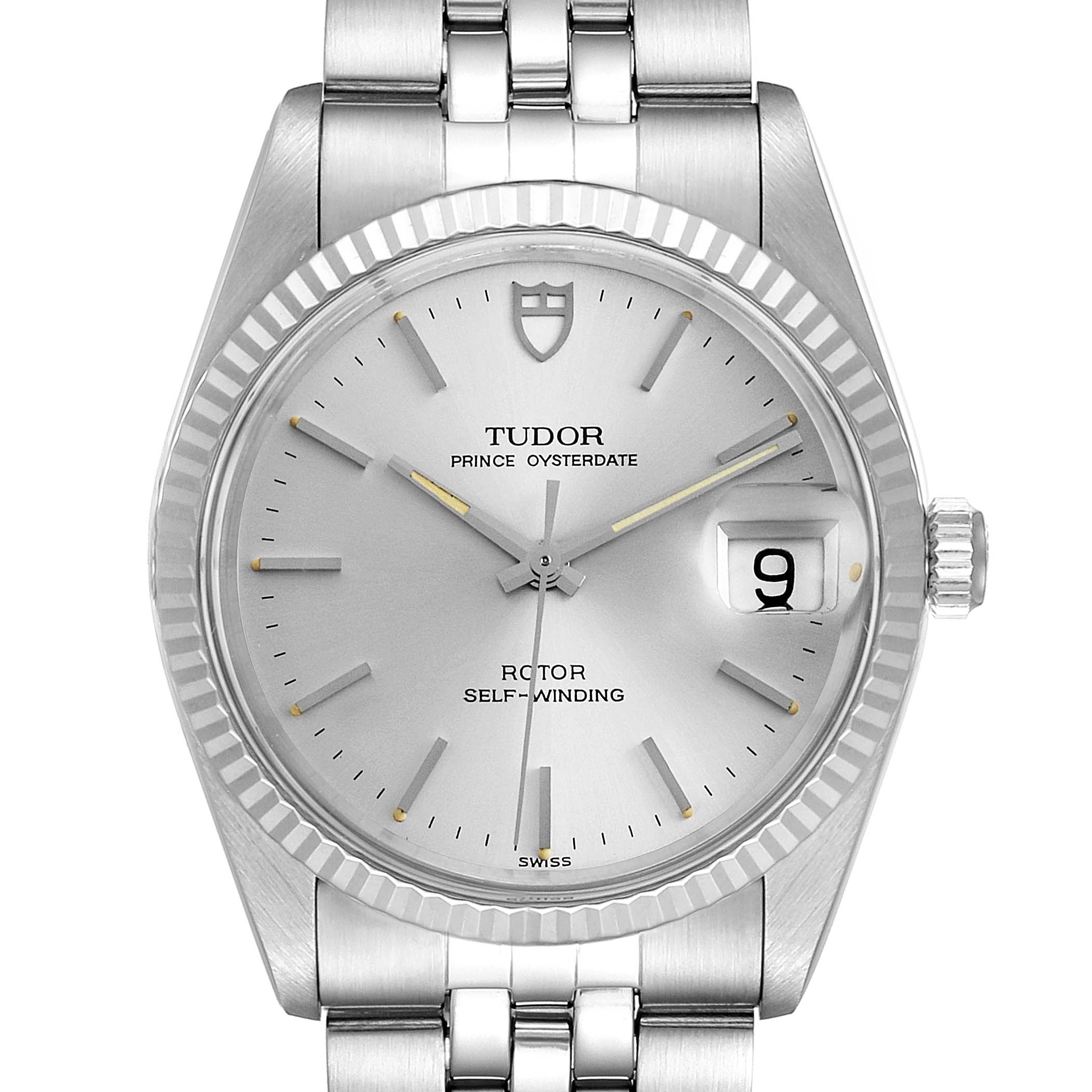 This is a close-up, front view of the Tudor Prince 74034 Men's Stainless Steel Silver Dial 74034 Men's Stainless Steel Silver Dial Oysterdate watch, showcasing the dial, bezel, and part of the bracelet.