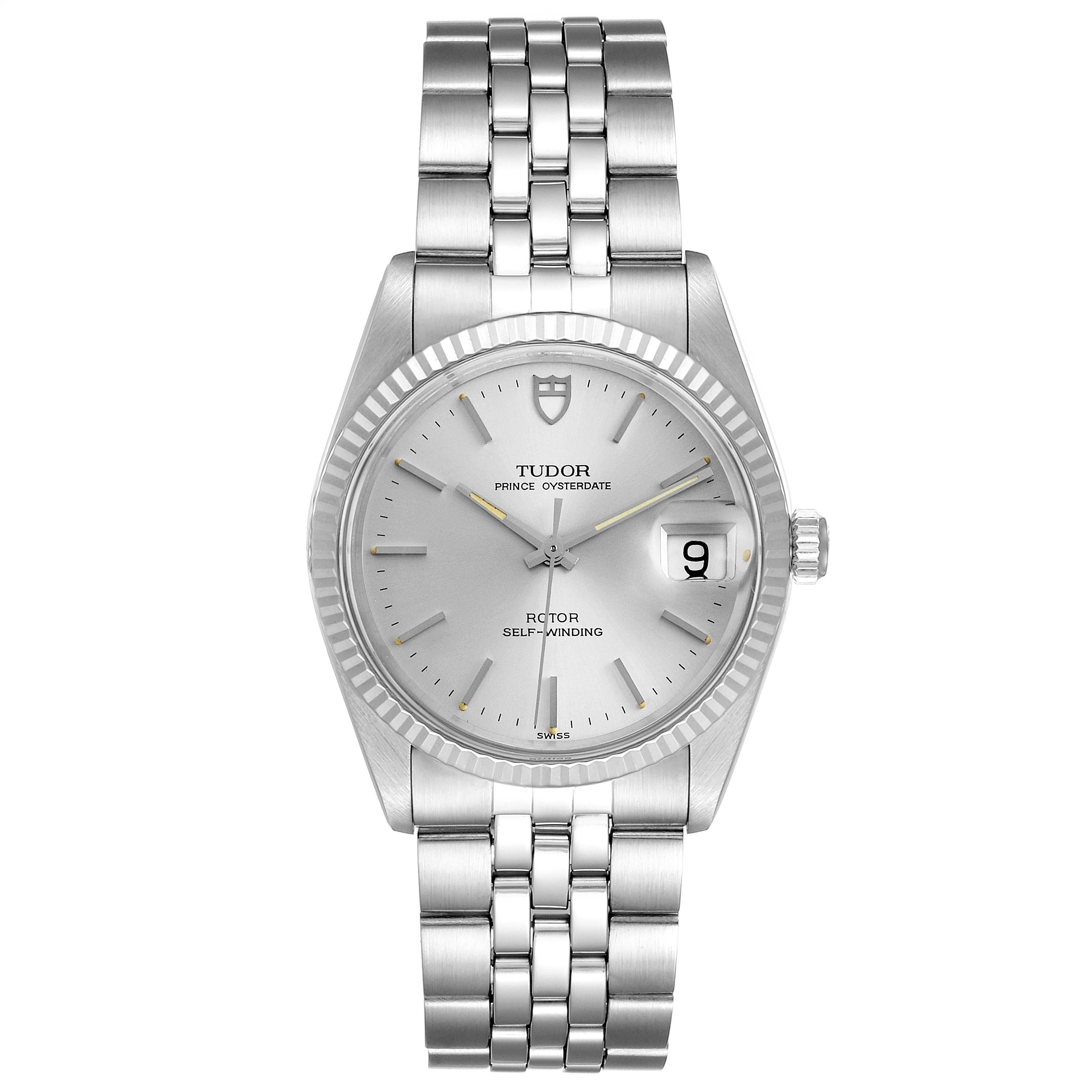 This image shows a front view of the Tudor Prince 74034 Men's Stainless Steel Silver Dial 74034 Men's Stainless Steel Silver Dial watch, highlighting the dial, bezel, and bracelet.