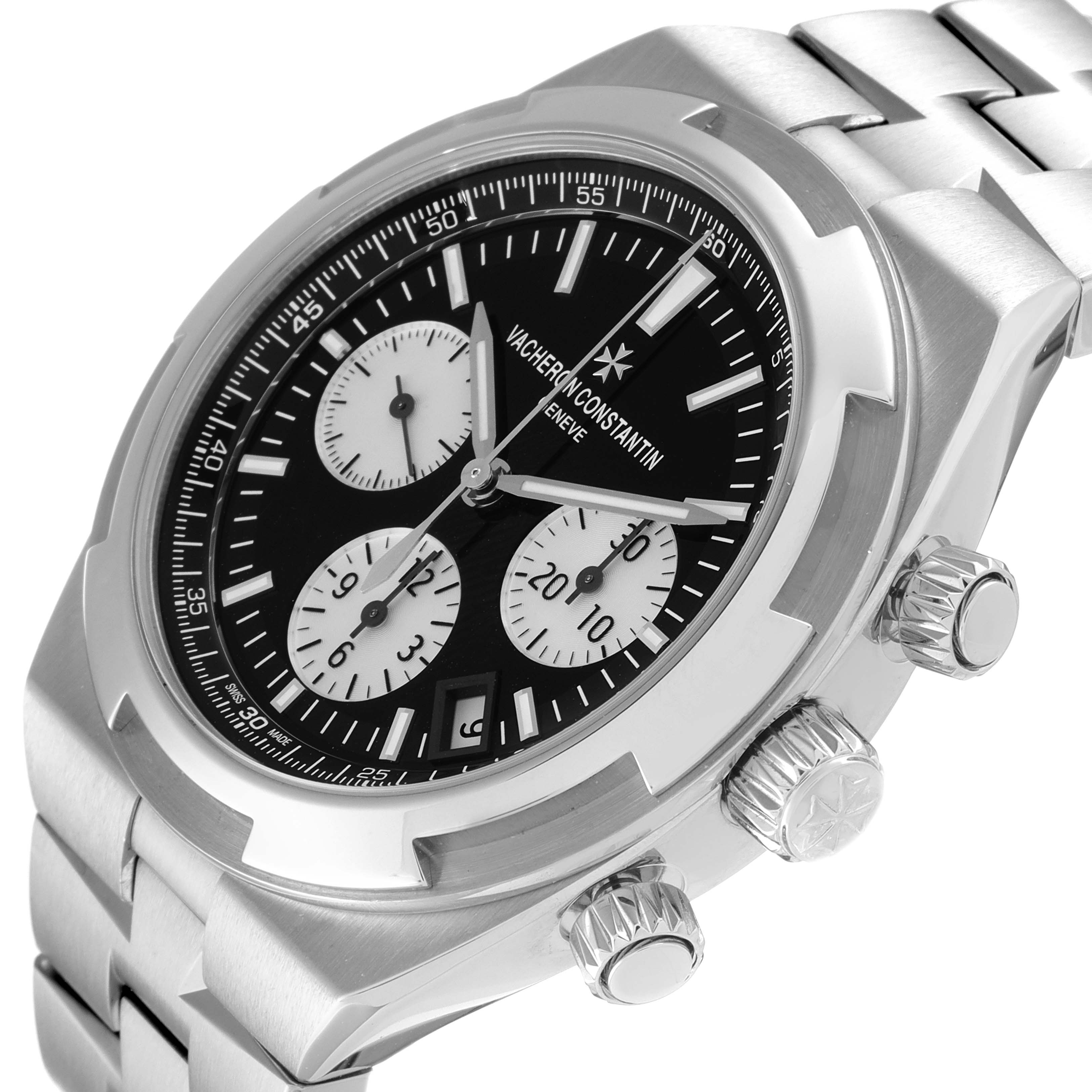 This image shows a close-up angled view of the Vacheron Constantin Overseas 5500V/110A-B481 Men's Stainless Steel Black Dial 5500V/110A-B481 Men's Stainless Steel Black Dial watch, highlighting its dial, bezel, and crown.