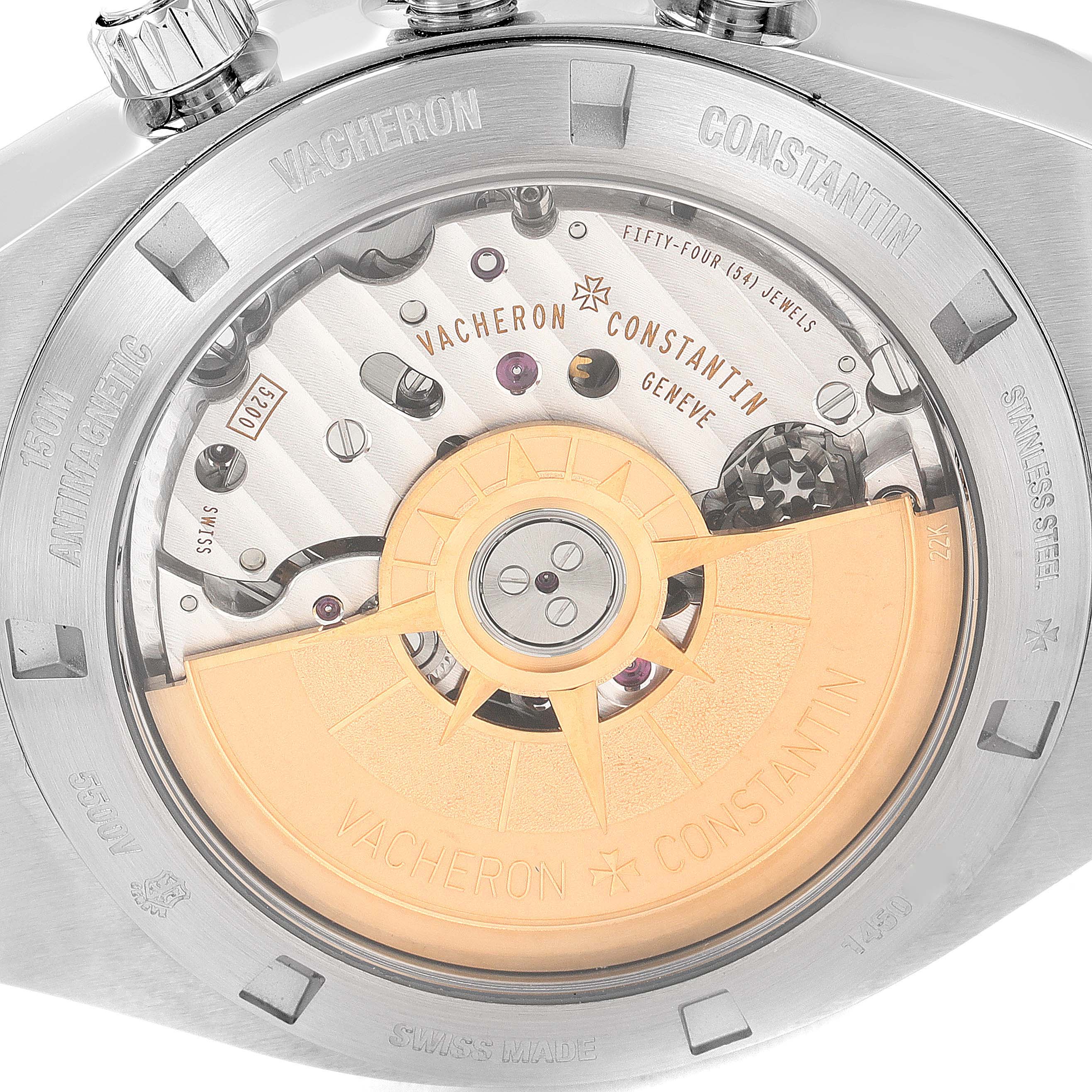 This image shows the movement and rotor of the Vacheron Constantin Overseas 5500V/110A-B481 Men's Stainless Steel Black Dial 5500V/110A-B481 Men's Stainless Steel Black Dial watch from the case back angle.