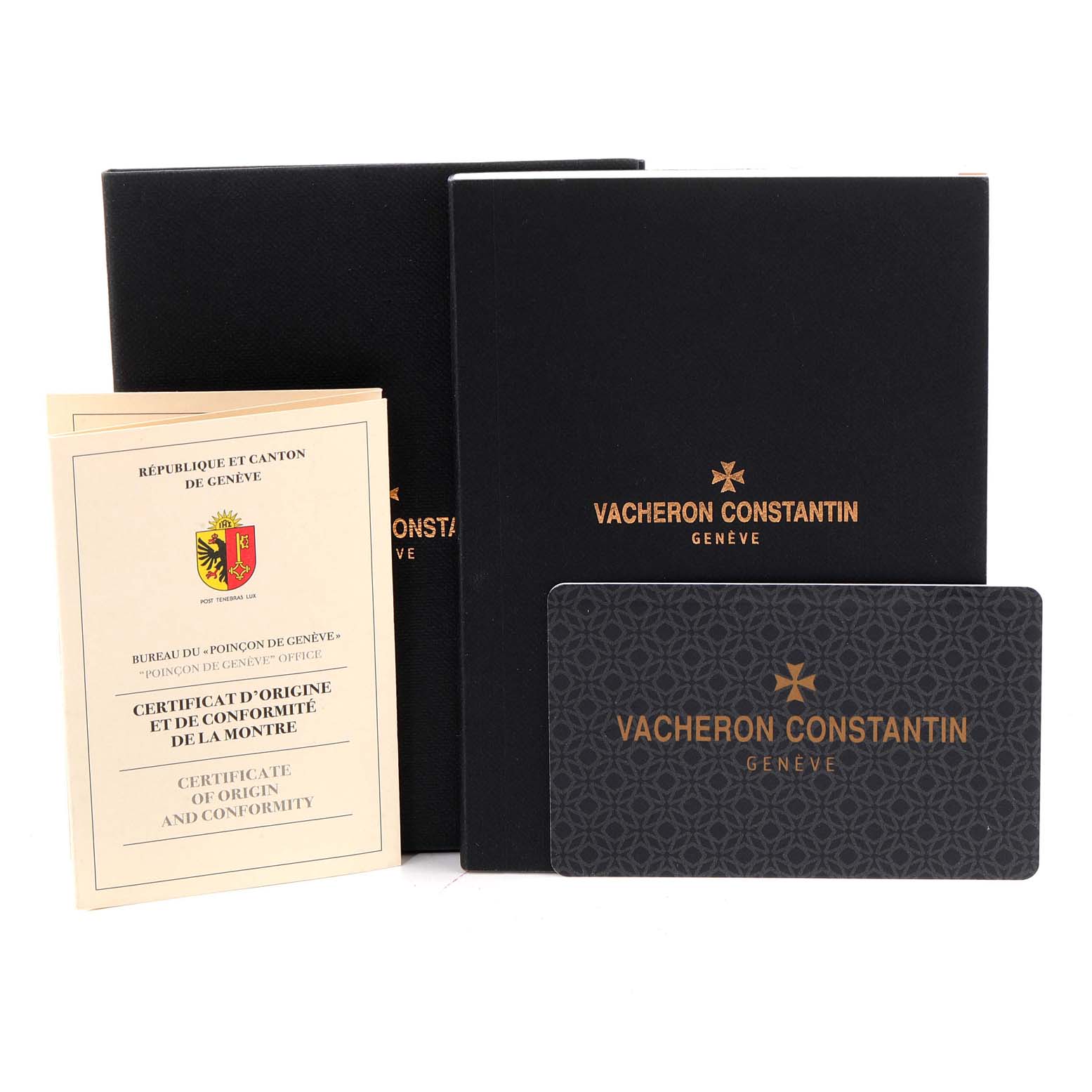 The image shows the certification of origin, booklet, and authenticity card for the Vacheron Constantin Overseas 5500V/110A-B481 Men's Stainless Steel Black Dial 5500V/110A-B481 Men's Stainless Steel Black Dial model watch.