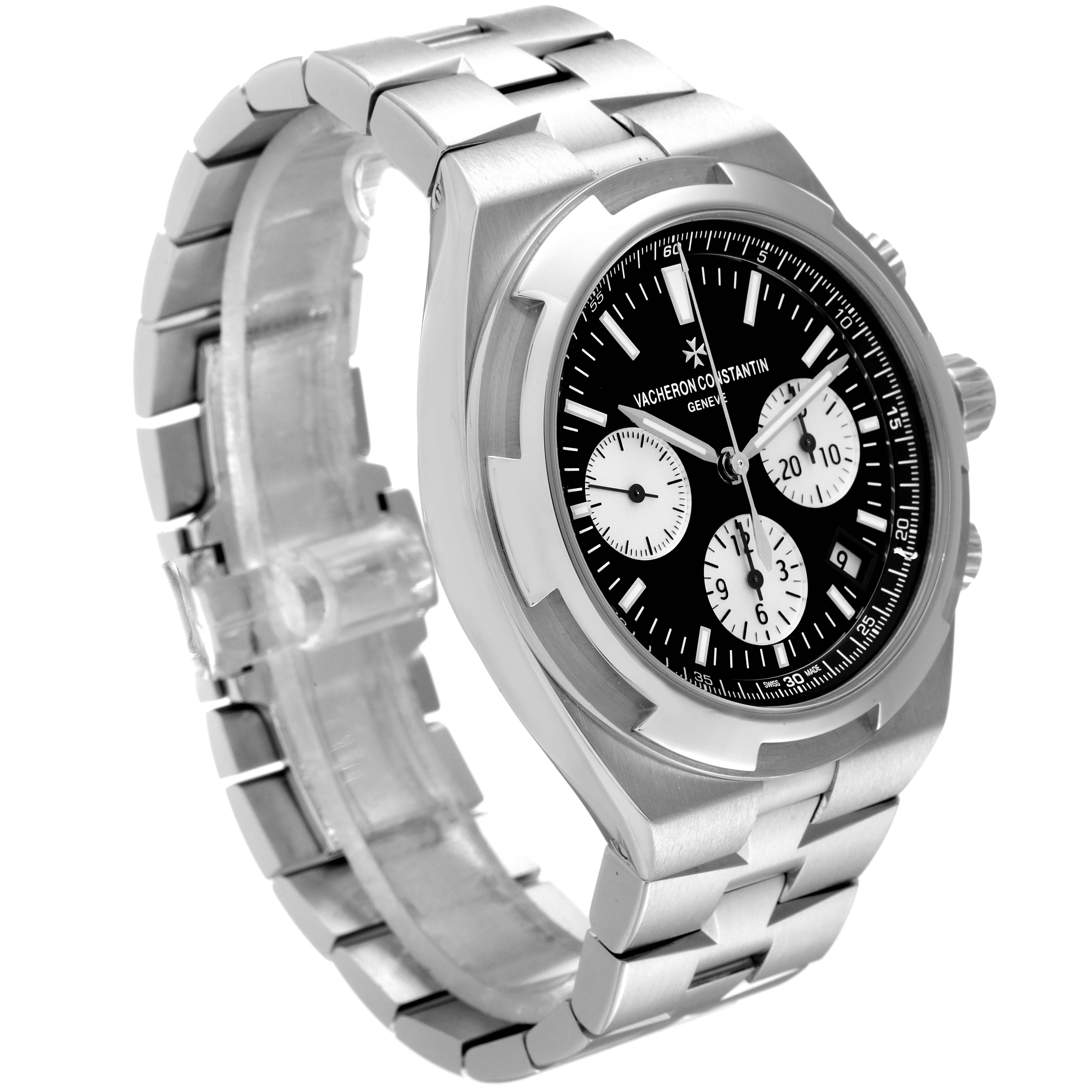 The image shows a Vacheron Constantin Overseas 5500V/110A-B481 Men's Stainless Steel Black Dial 5500V/110A-B481 Men's Stainless Steel Black Dial model watch at a three-quarter angle featuring the face, bezel, and bracelet.