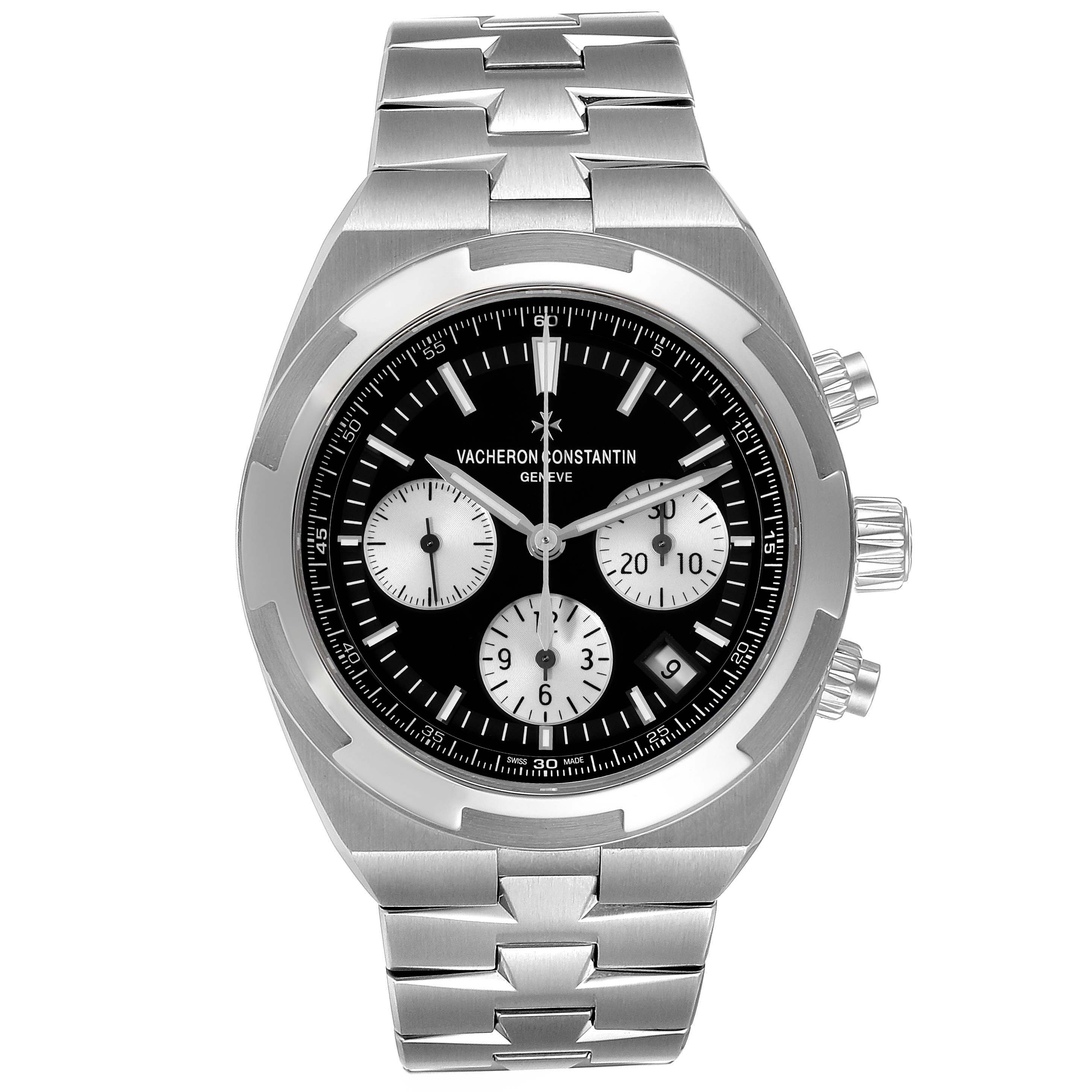 This image shows a frontal view of a Vacheron Constantin Overseas 5500V/110A-B481 Men's Stainless Steel Black Dial 5500V/110A-B481 Men's Stainless Steel Black Dial watch, showcasing its face, dial, and bracelet.